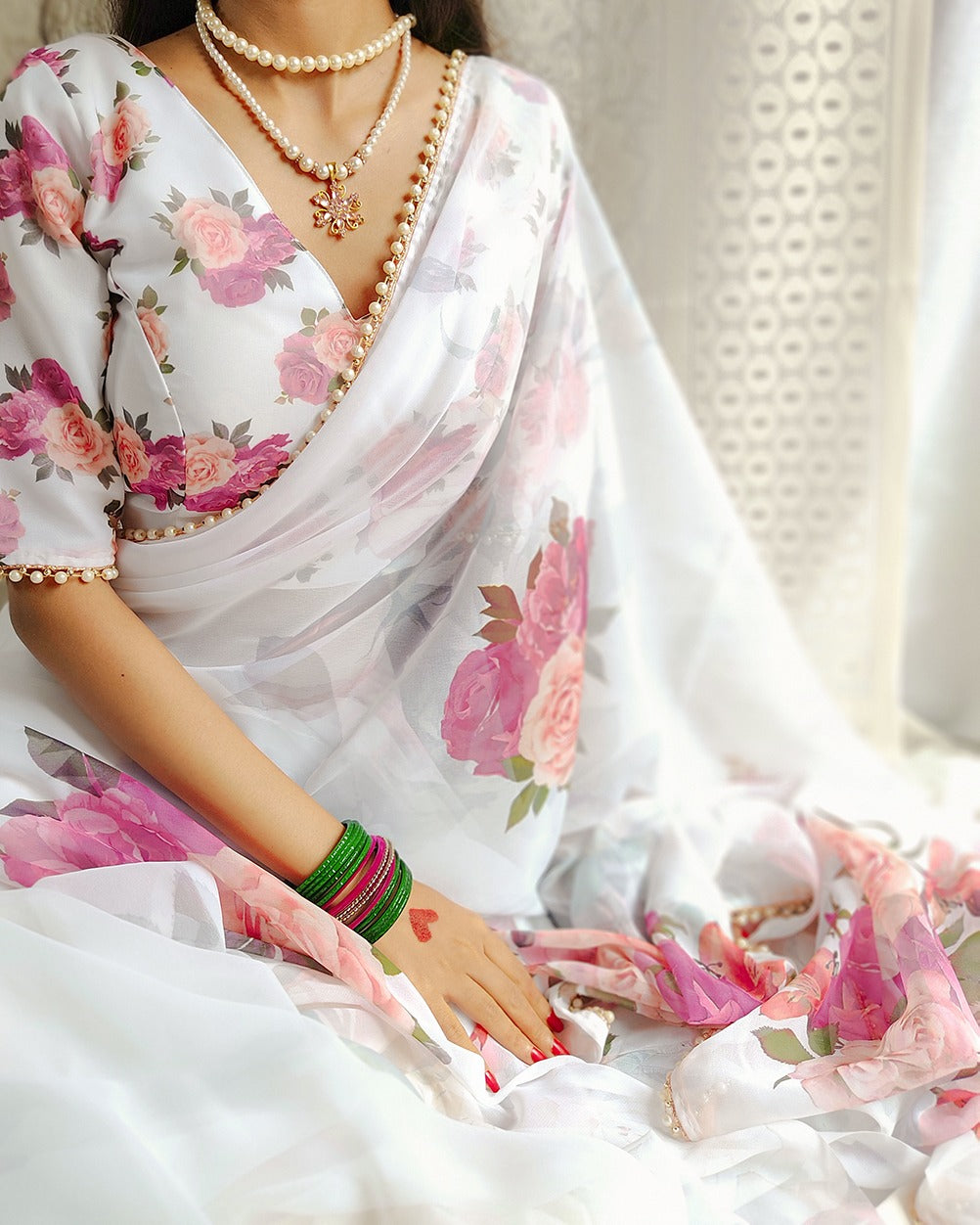 Georgette Printed with pearl lace border Saree