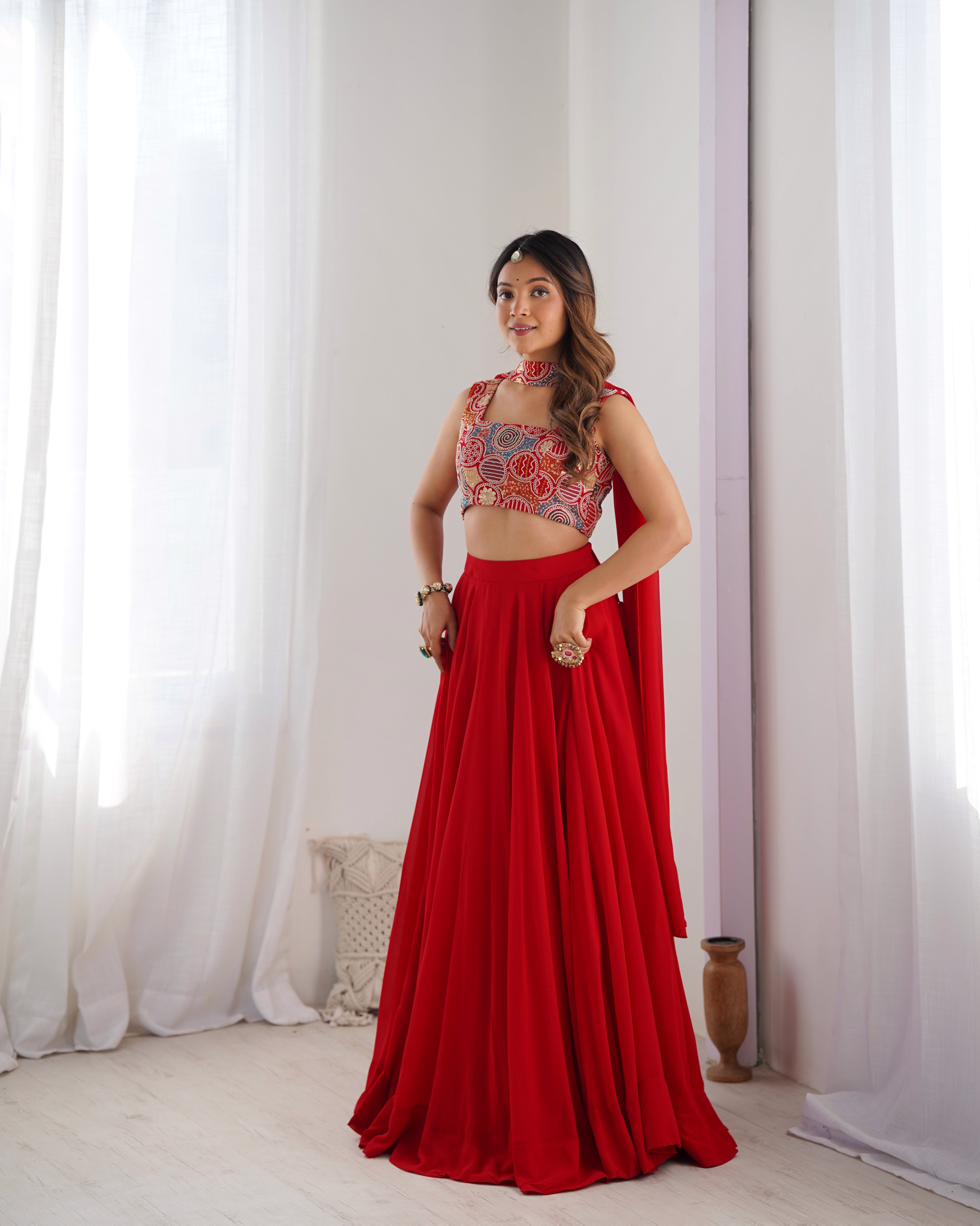 PRESENTING NEW PURE SOFT FOX GEORGETTE BLOOMING FABRIC LEHENGHA CHOLI FULLY STTICHED, WITH FANCY BLOUSE FULLY STTICHED WITH DUPPTA
