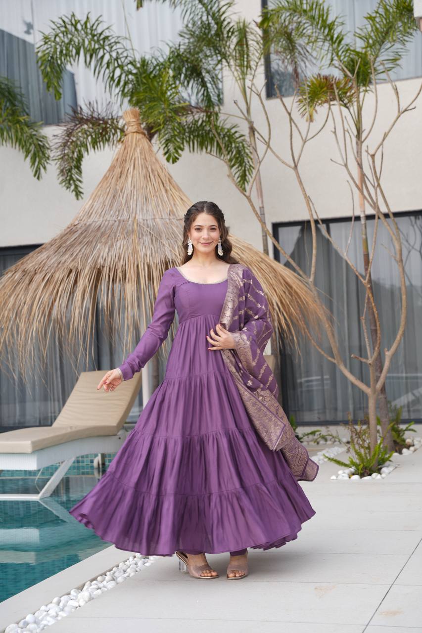 PURE ROMANSILK CHANDERI FABRIC FULLY FLAIR ANARKALI,WITH DUPPTA SET,PENT READY TO WEAR