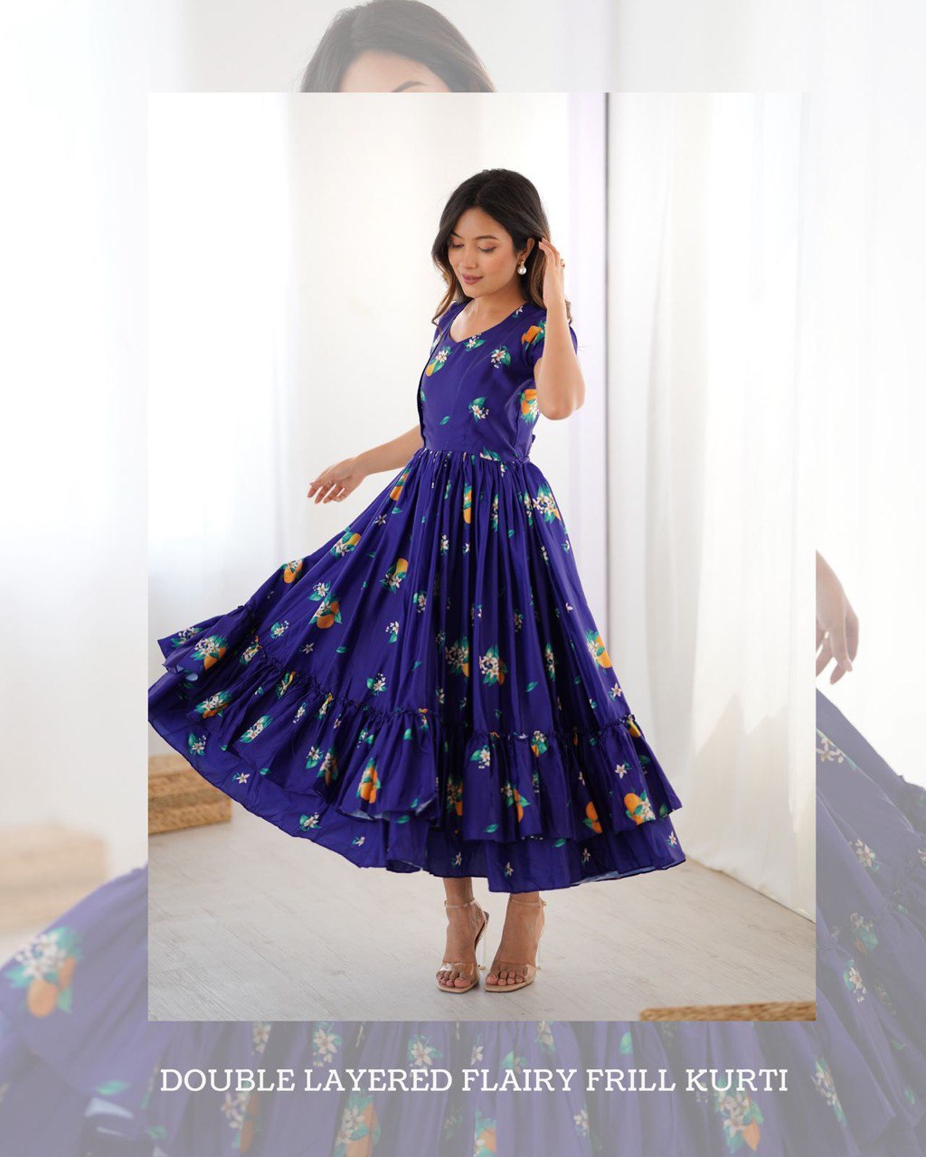 Indigo Majestic Floral Frill Kurtis