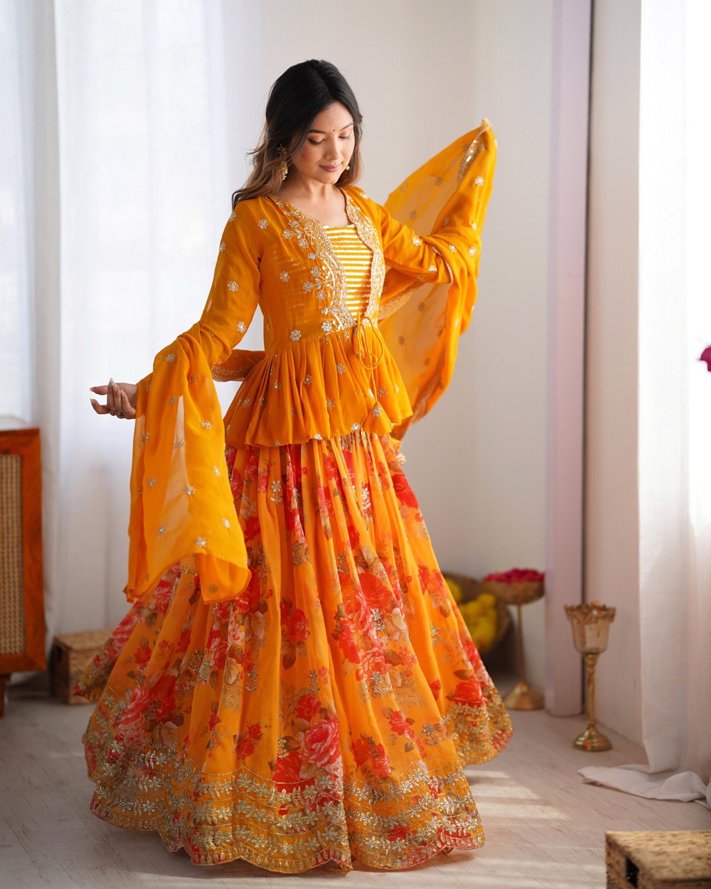 Designer Yellow Peplum Top & Floral Skirt Set - Festive & Occasion Wear