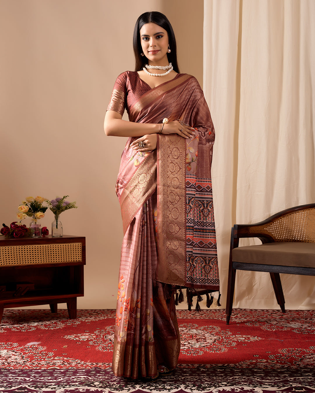 Soft Lichi Silk Saree adorned with graceful Patola-inspired motifs and a rich woven border