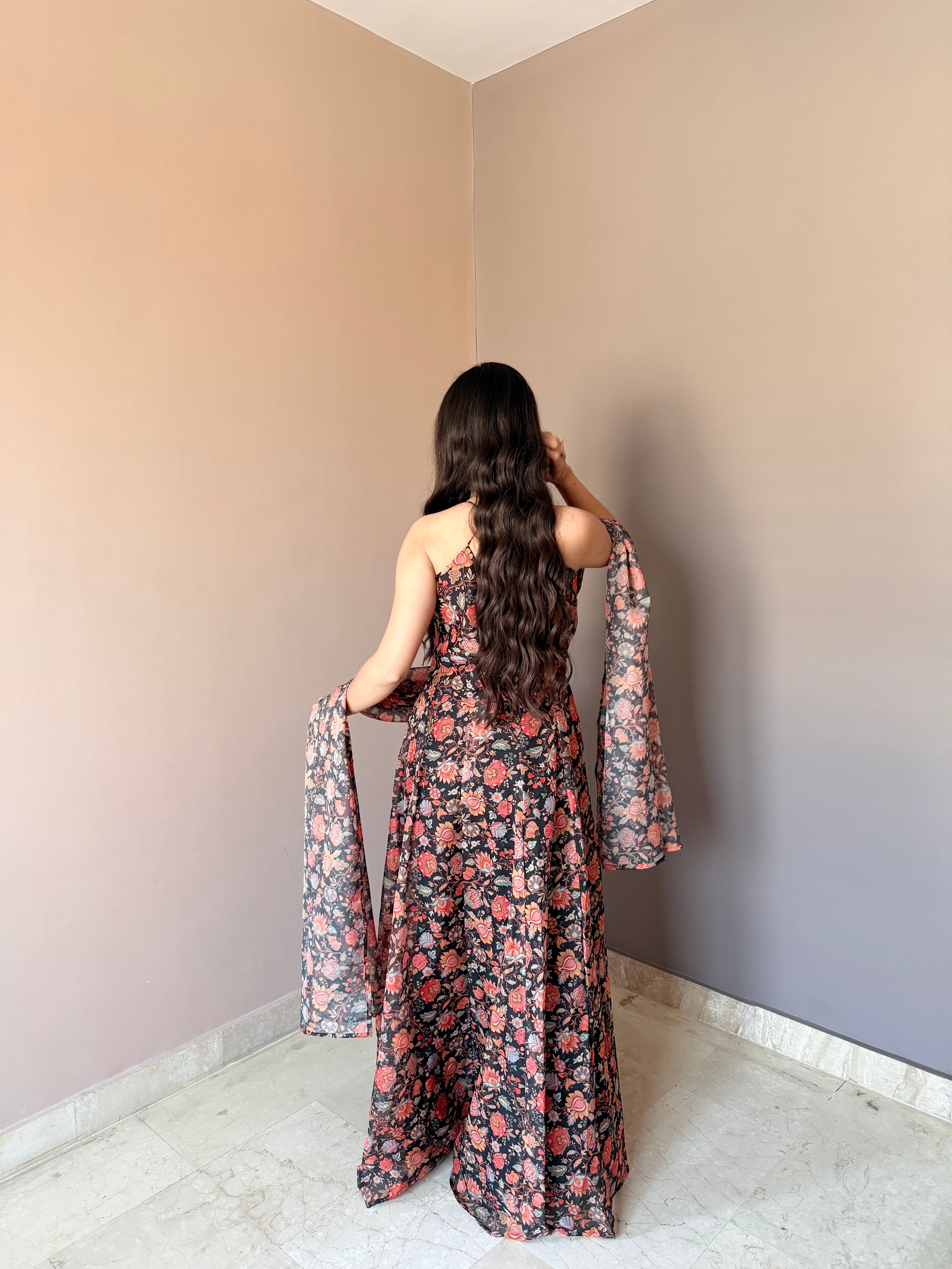 Premium Floral Printed Organza Gown Set with Matching Dupatta