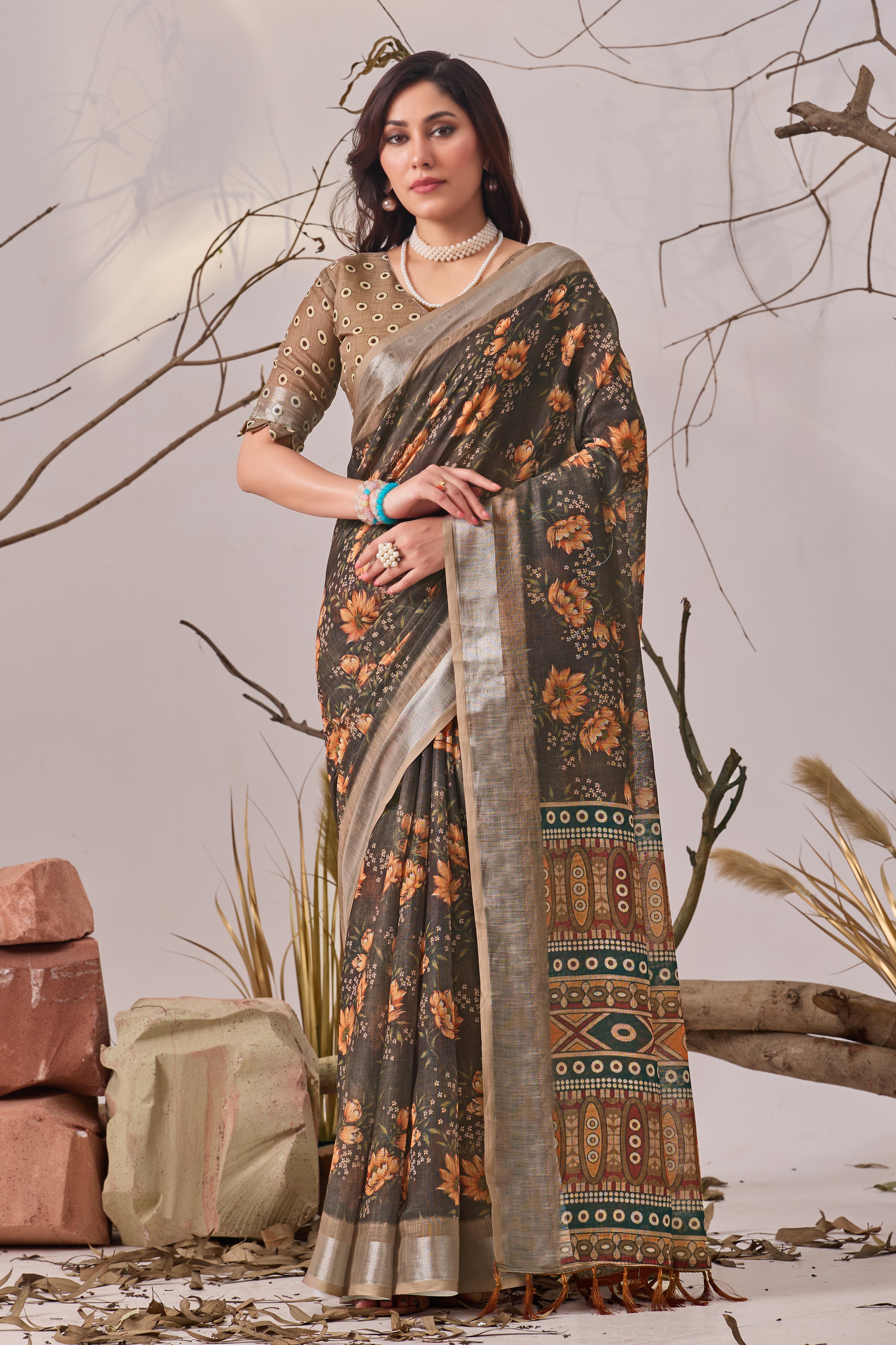 Linen Cotton Saree with Beautiful floral pattern