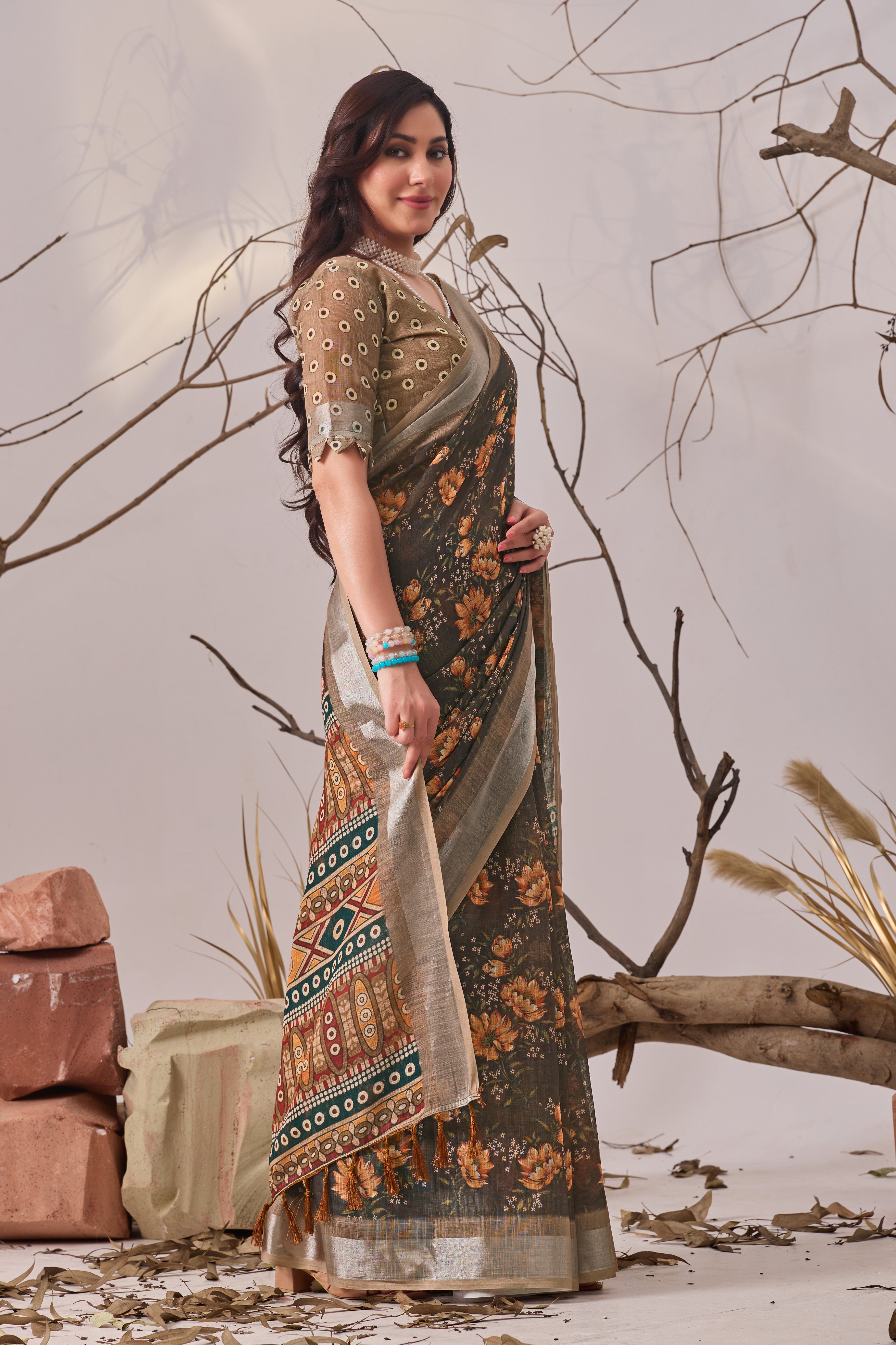Linen Cotton Saree with Beautiful floral pattern