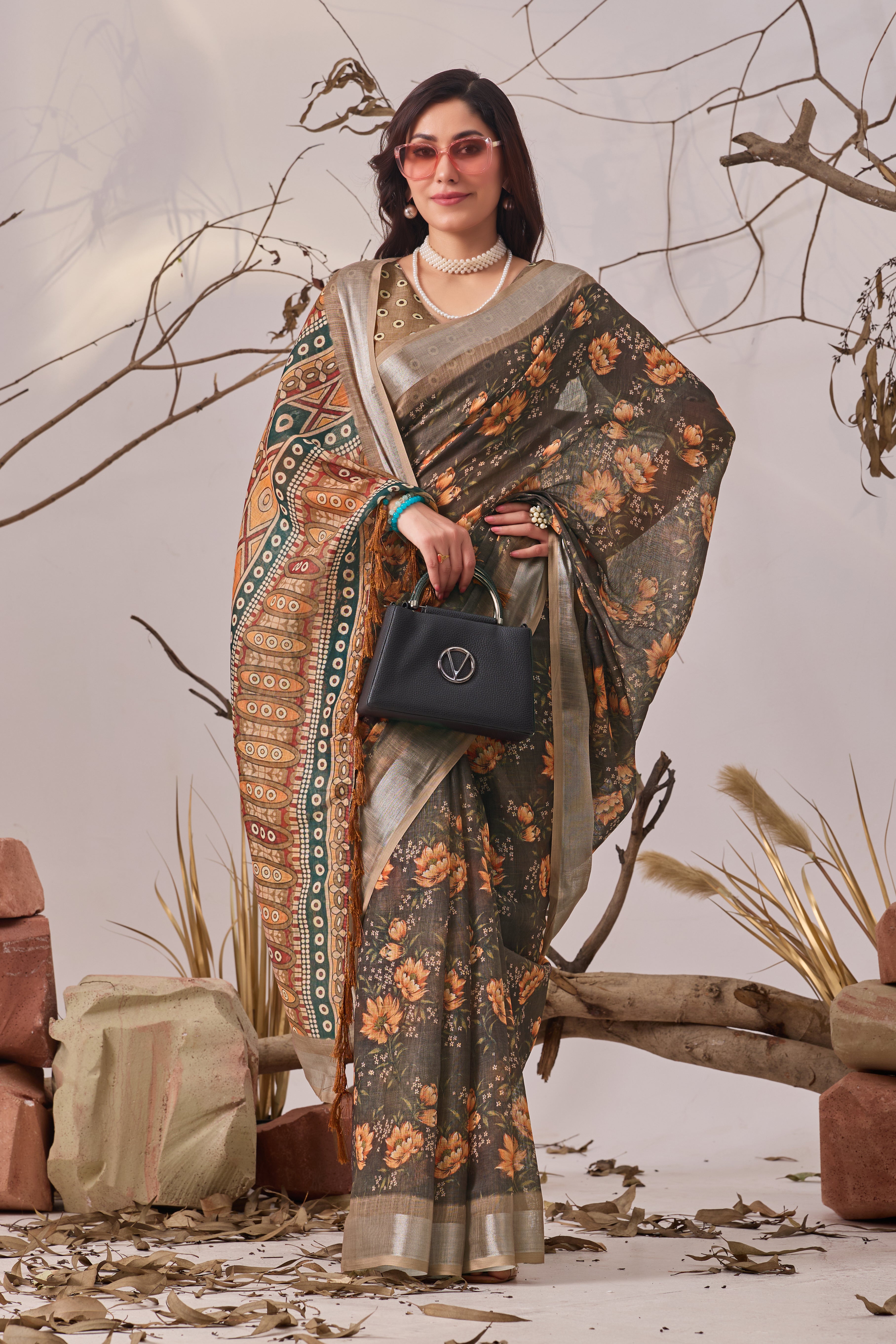 Linen Cotton Saree with Beautiful floral pattern