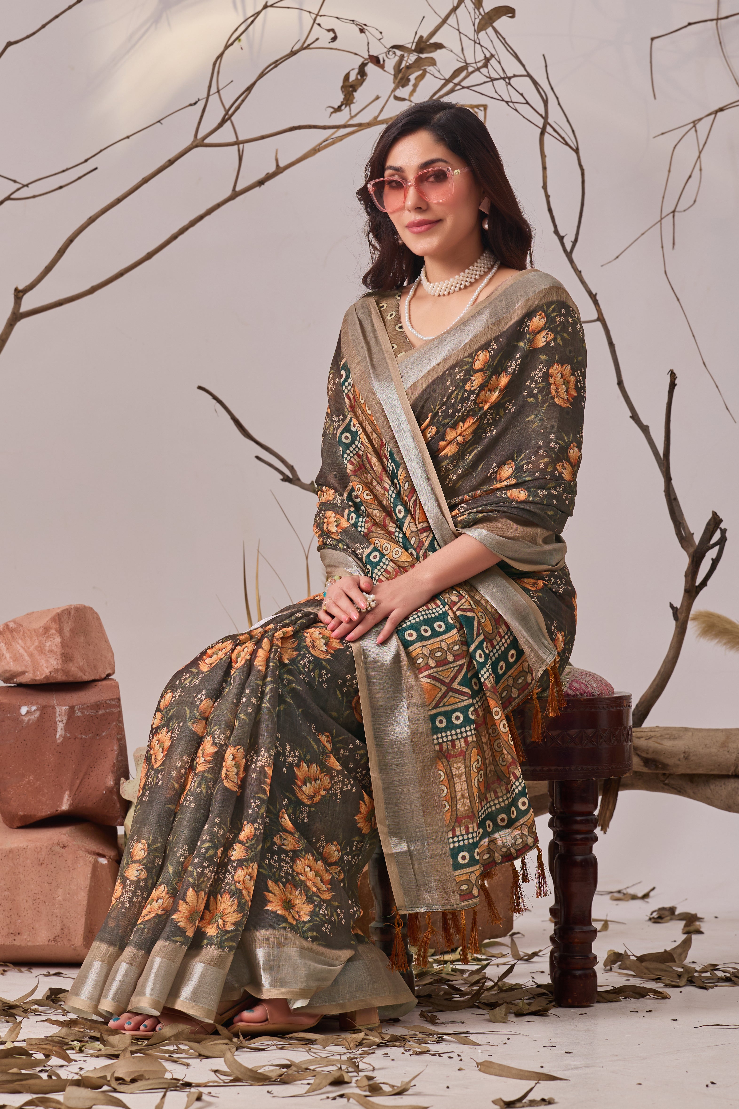 Linen Cotton Saree with Beautiful floral pattern