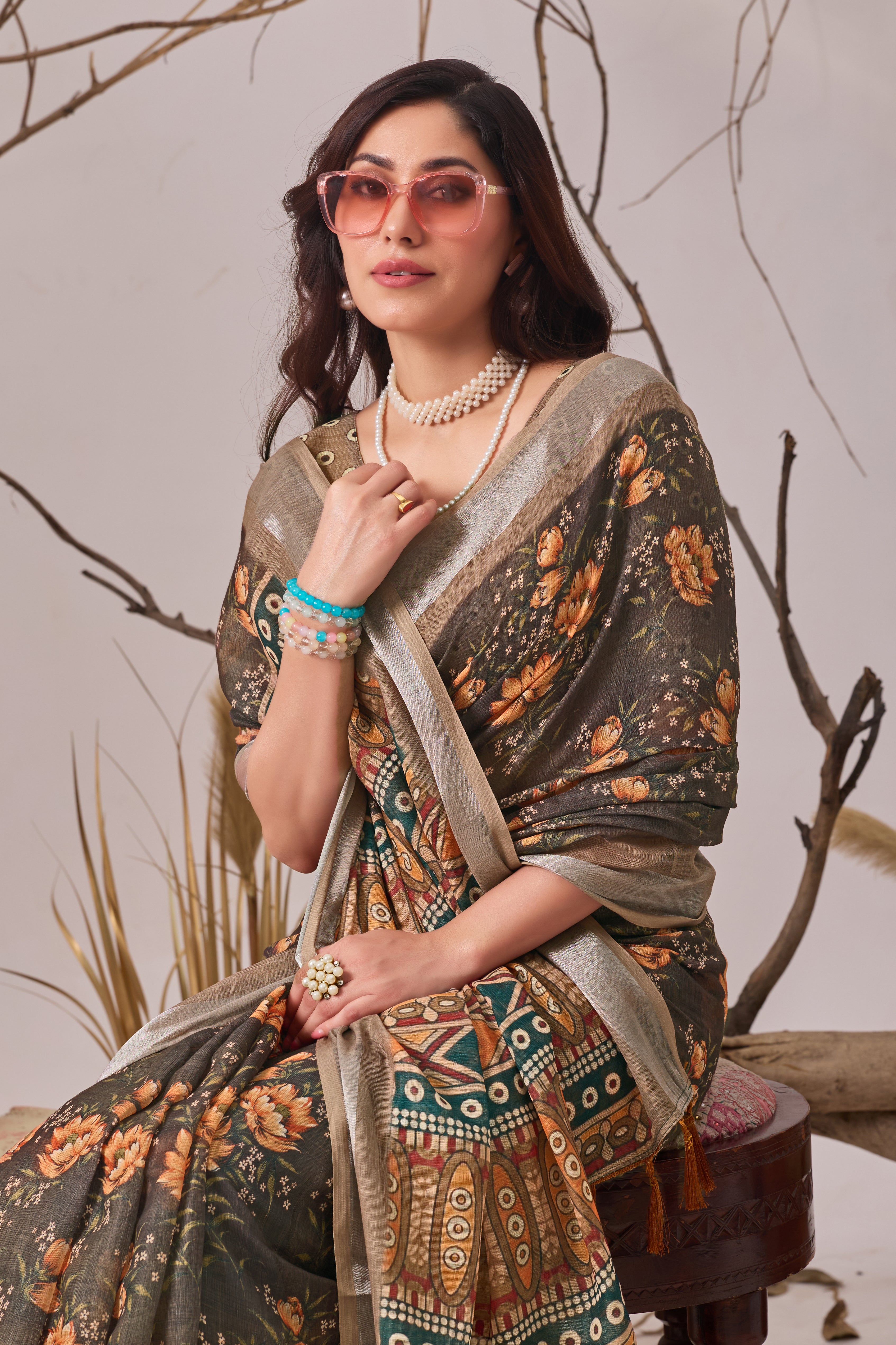 Linen Cotton Saree with Beautiful floral pattern