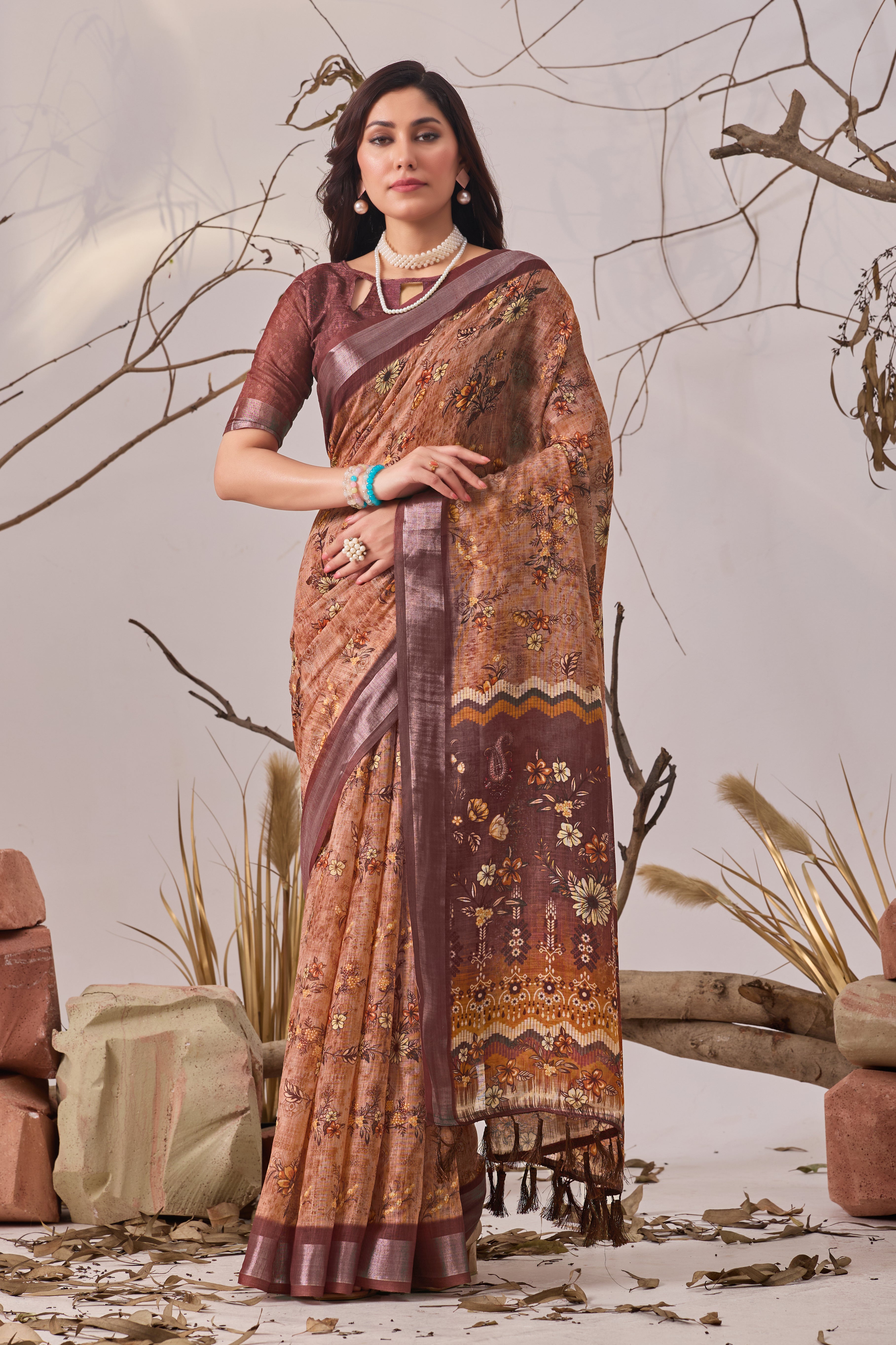 Linen Cotton Saree with Elegant Digital Floral & Traditional Woven-Style