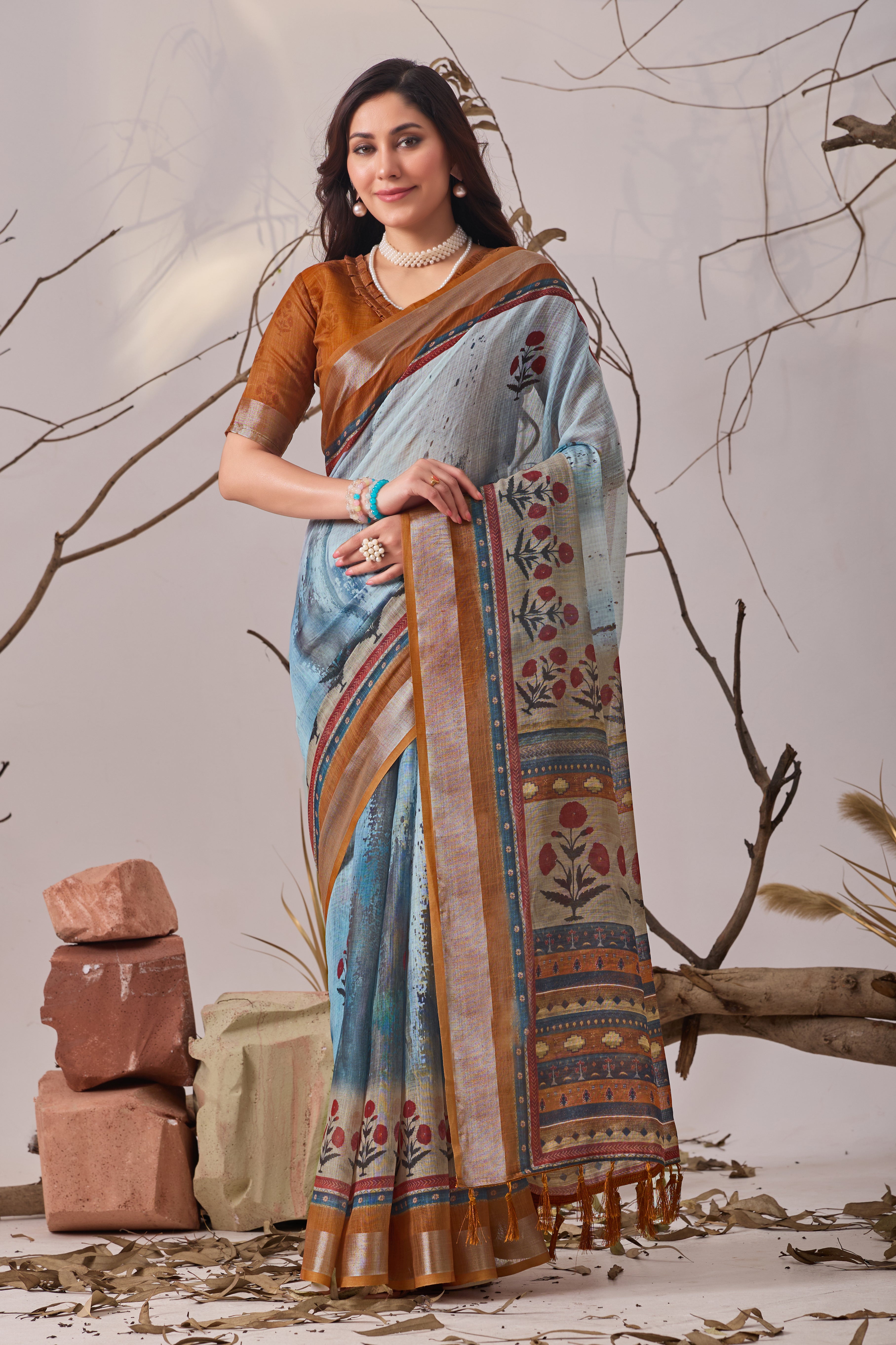 Linen Cotton Saree with Elegant Digital Printed Floral Design in Soft Blue & Multicolor Pallu