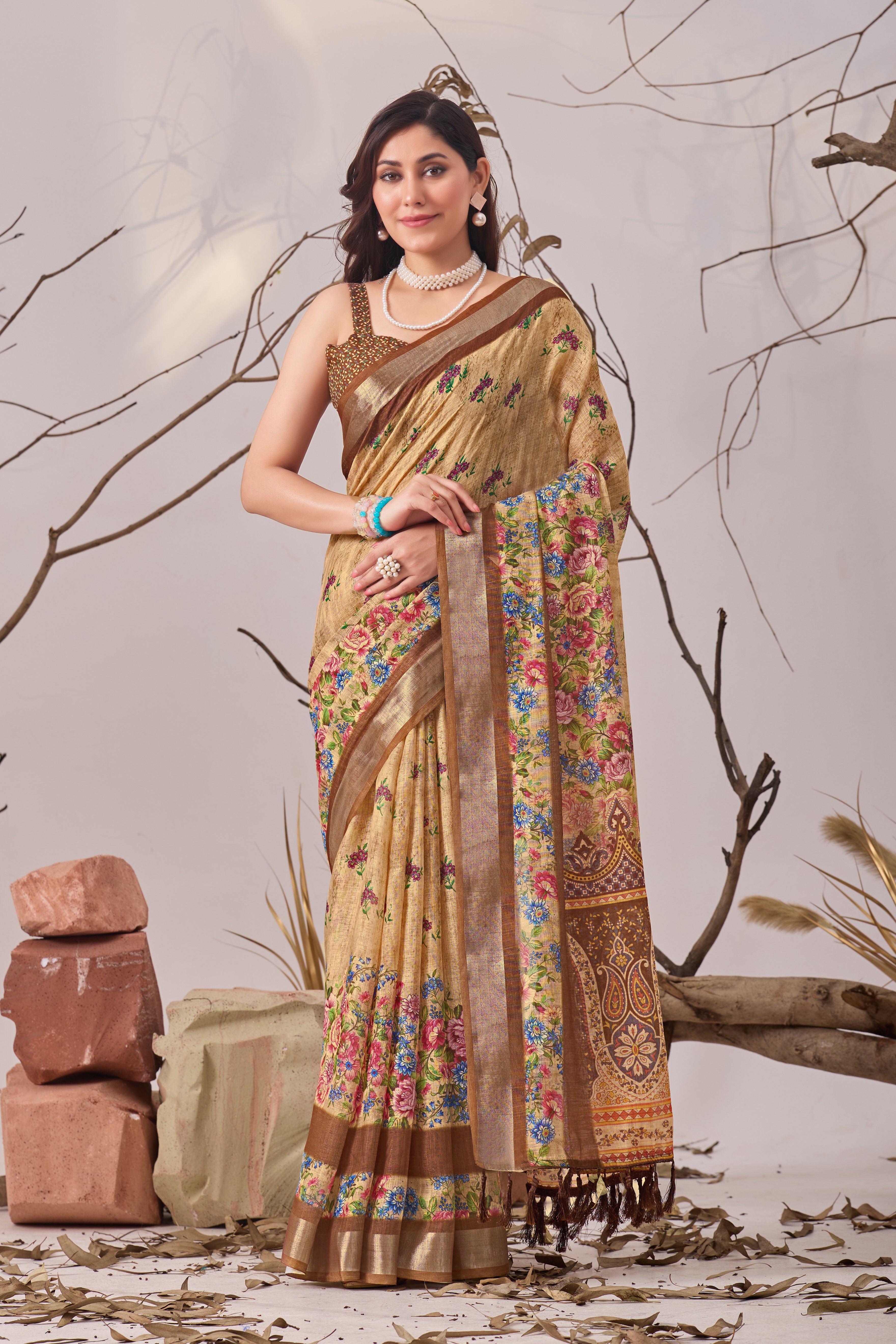 Linen Cotton Saree with Elegant Digital Printed Floral Design