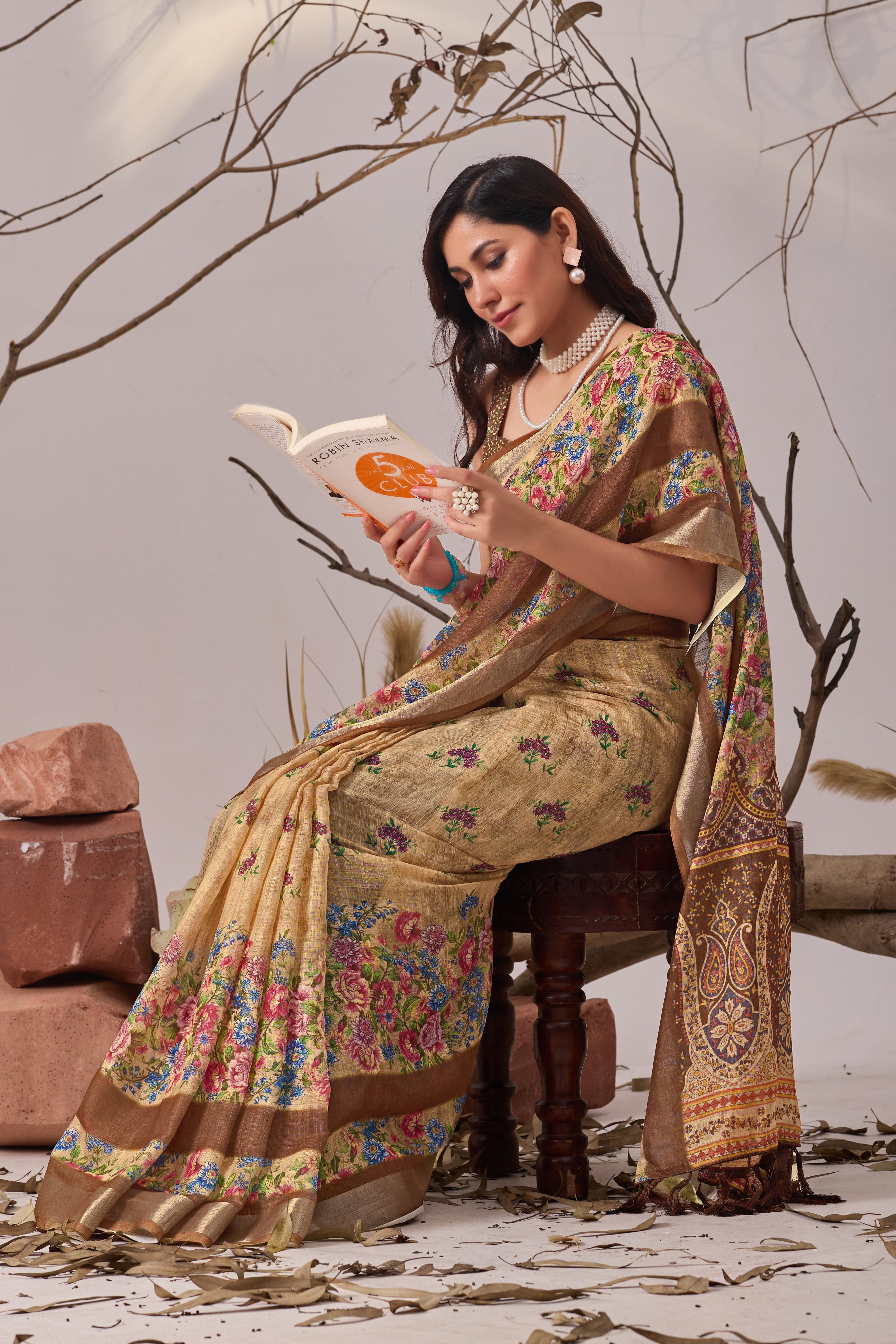 Linen Cotton Saree with Elegant Digital Printed Floral Design