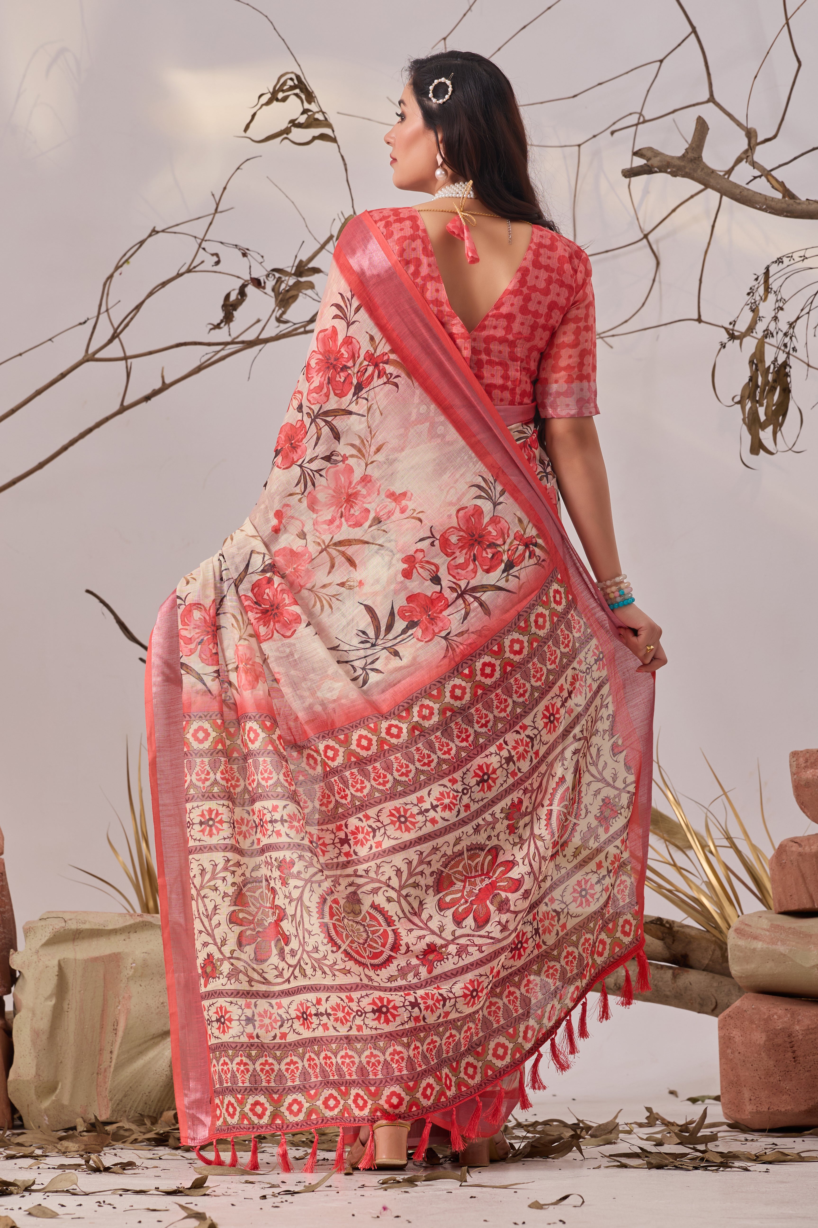 Premium Linen Cotton Saree with Elegant Digital Floral Print & Patola Border