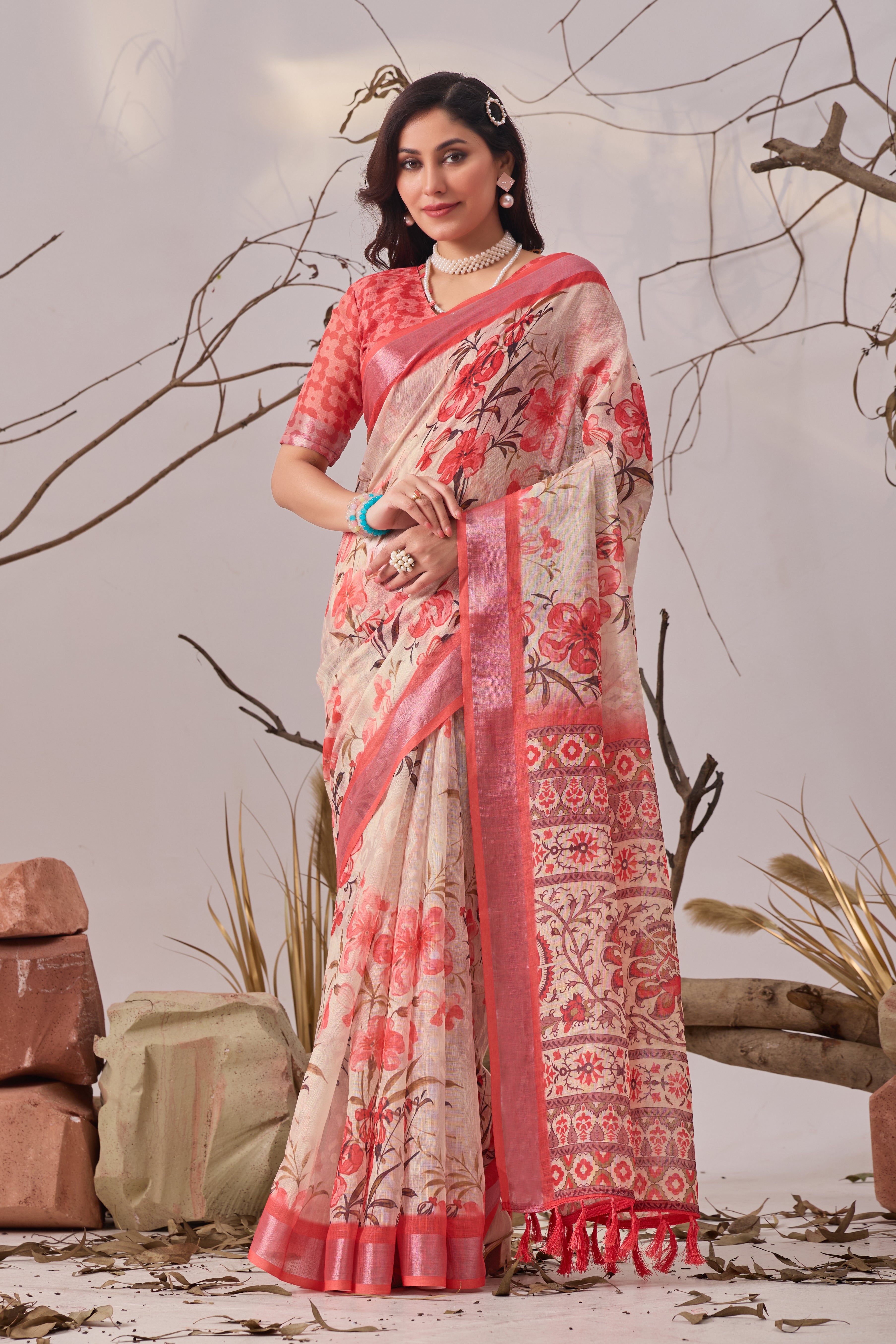 Premium Linen Cotton Saree with Elegant Digital Floral Print & Patola Border
