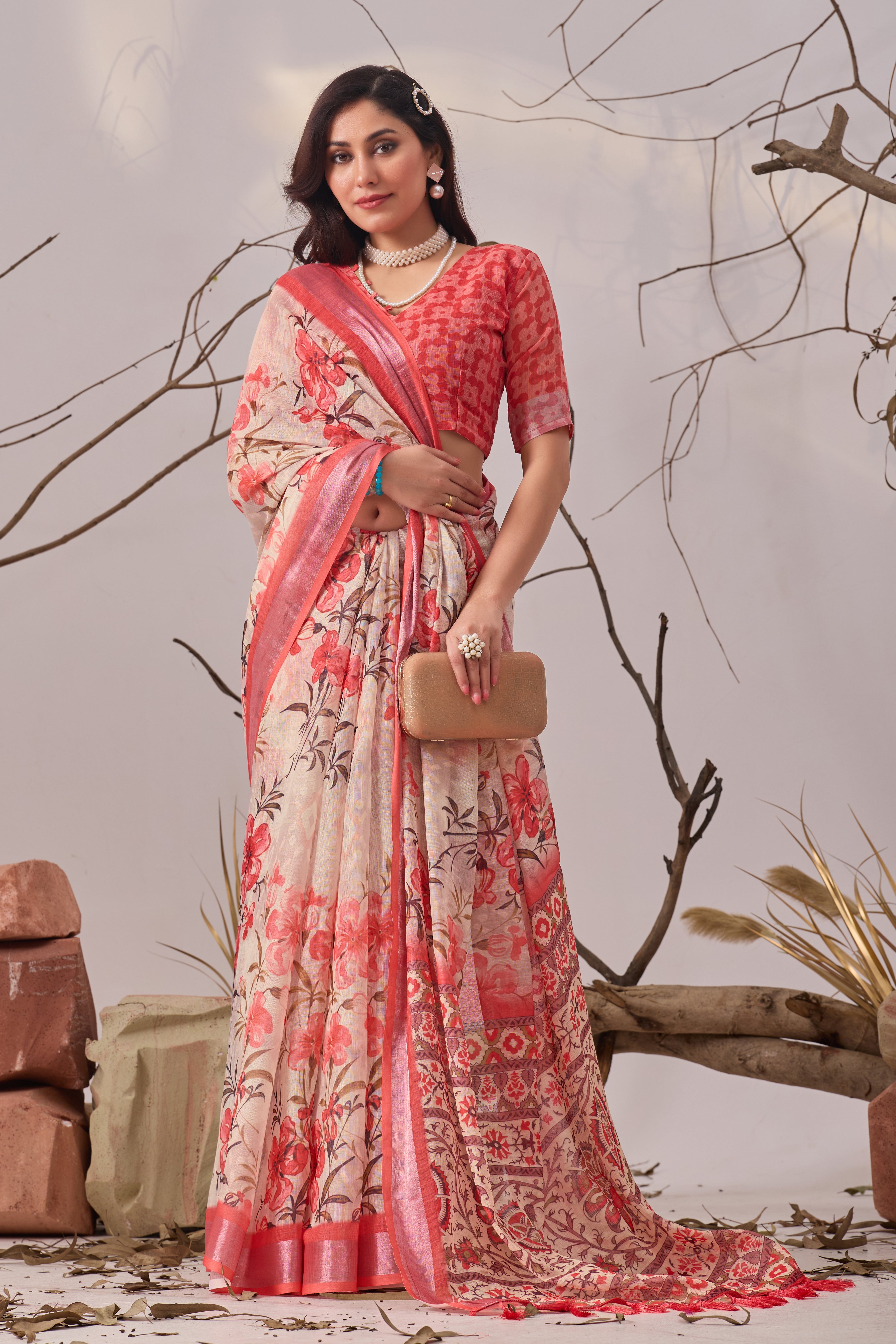 Premium Linen Cotton Saree with Elegant Digital Floral Print & Patola Border