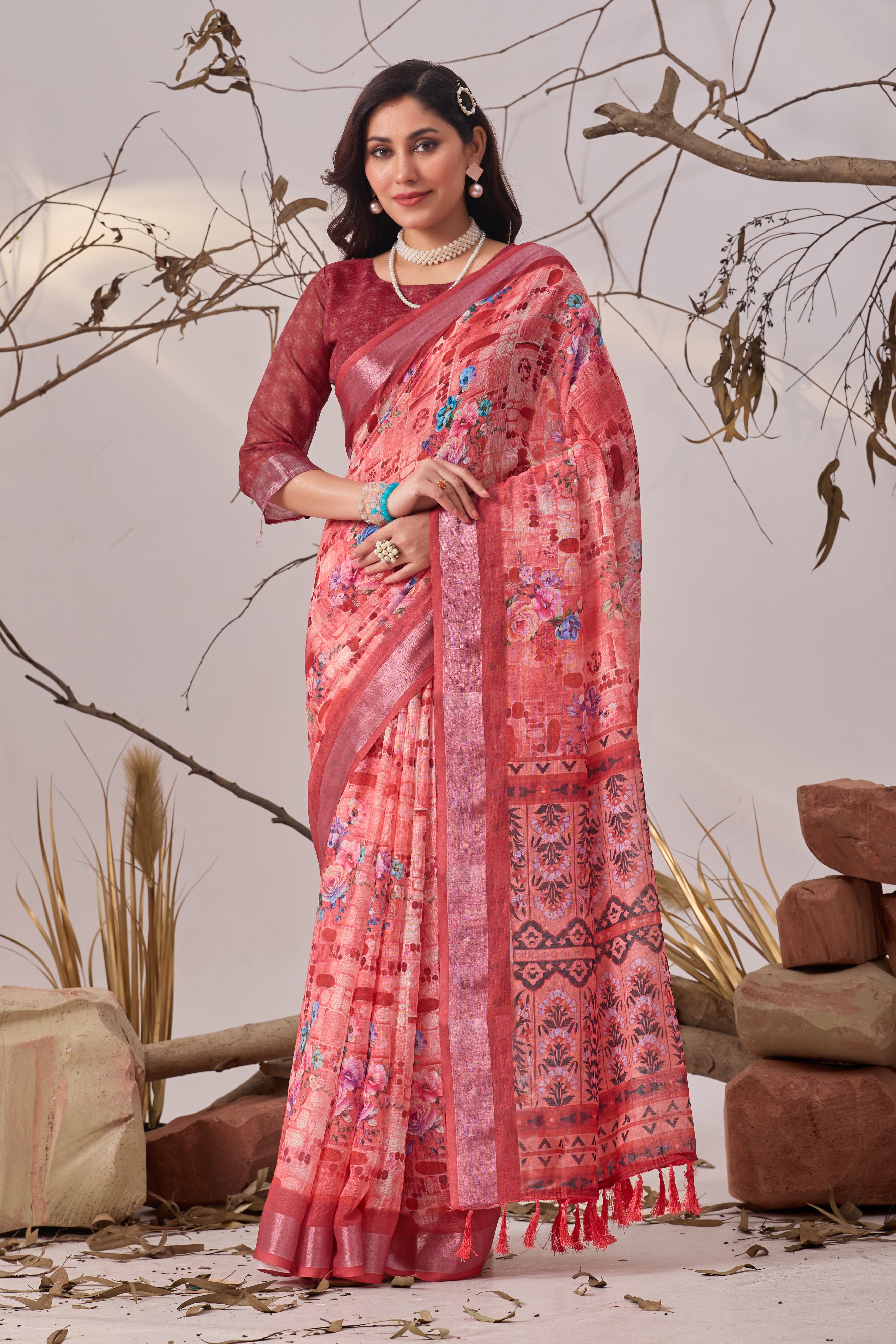 Premium Linen Cotton Saree with Beautiful Digital Floral Print & Traditional Patola