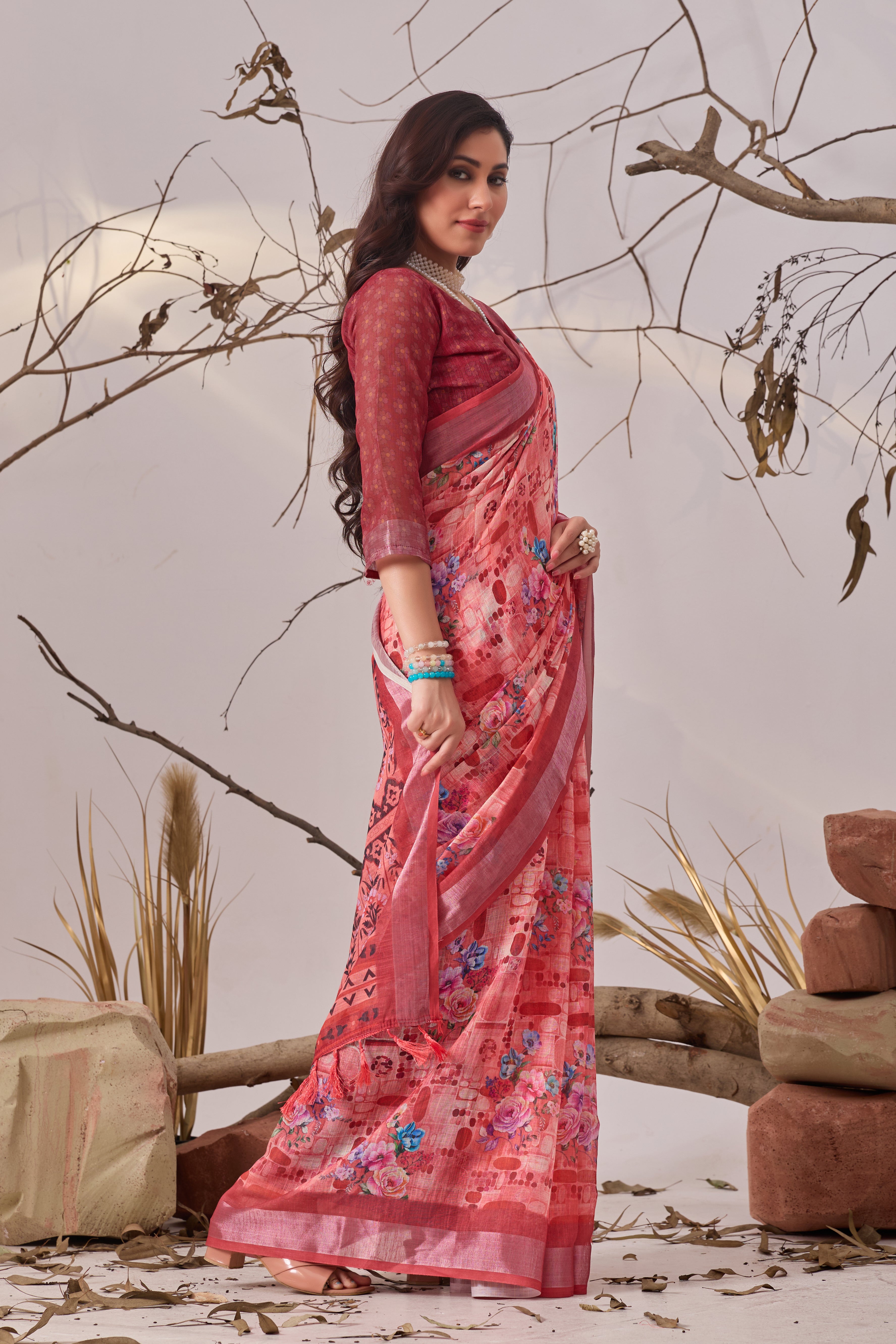 Premium Linen Cotton Saree with Beautiful Digital Floral Print & Traditional Patola