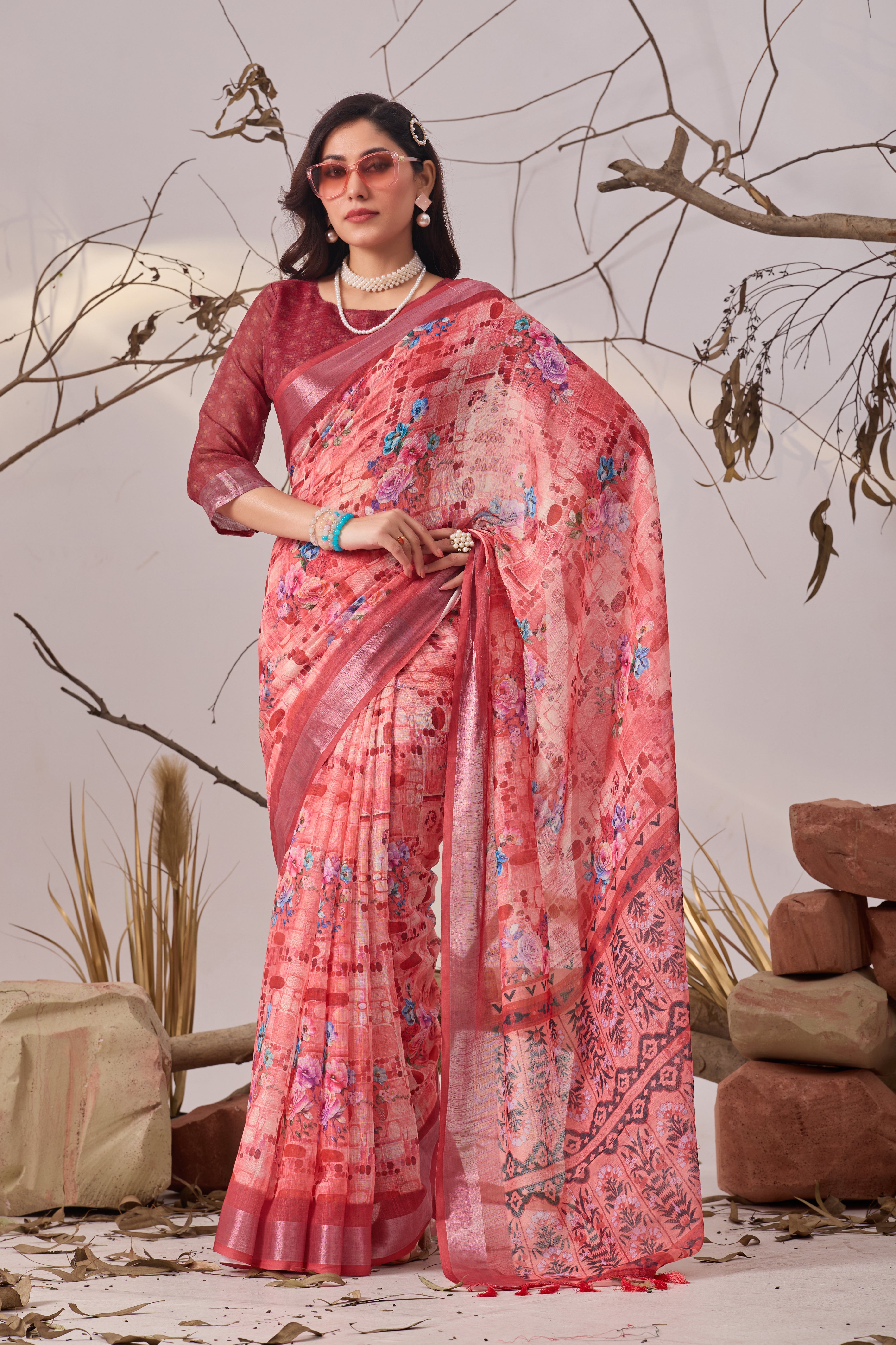 Premium Linen Cotton Saree with Beautiful Digital Floral Print & Traditional Patola