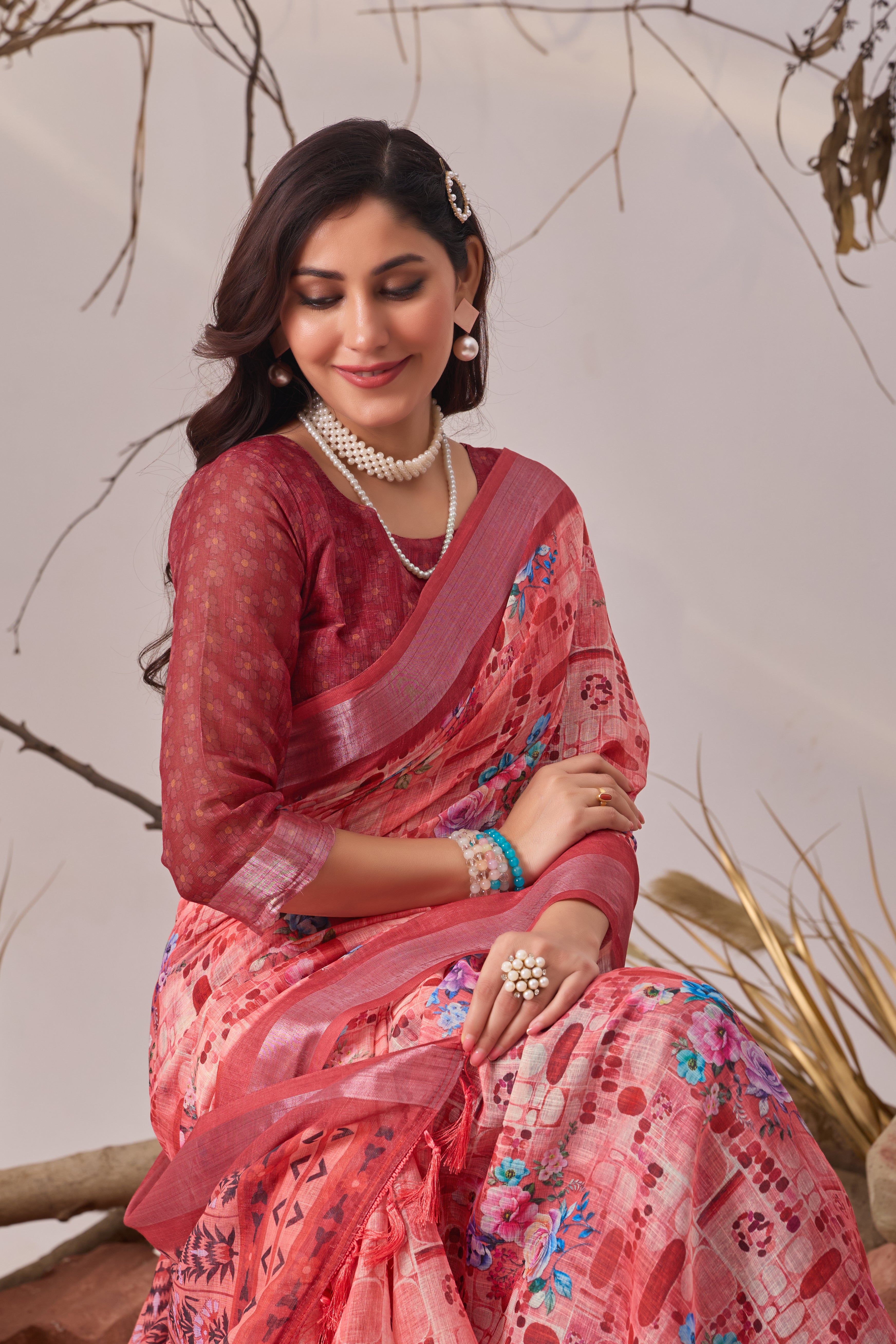 Premium Linen Cotton Saree with Beautiful Digital Floral Print & Traditional Patola