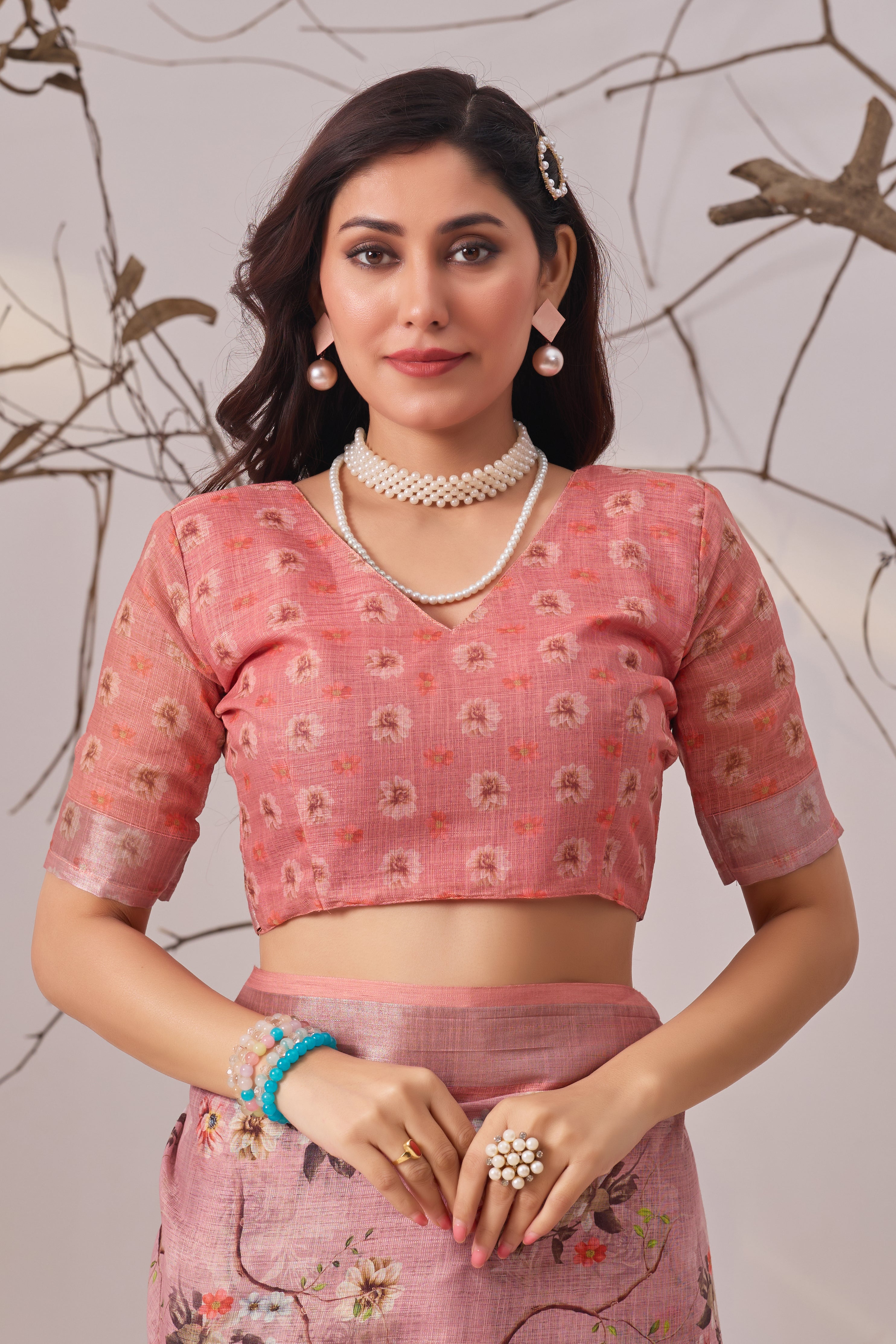 Premium Linen Cotton Saree with Graceful Digital Floral Print & Traditional Patola