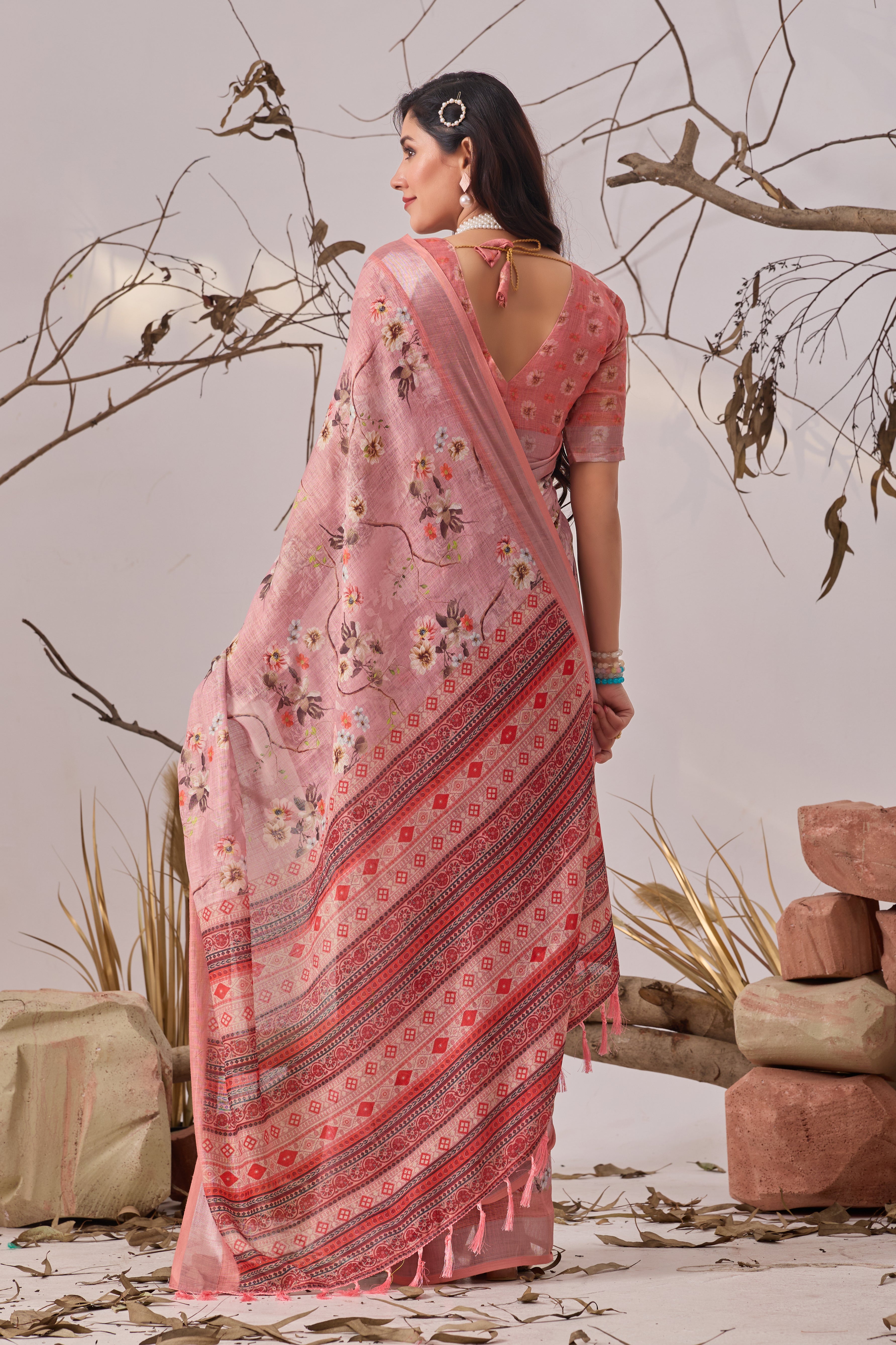 Premium Linen Cotton Saree with Graceful Digital Floral Print & Traditional Patola