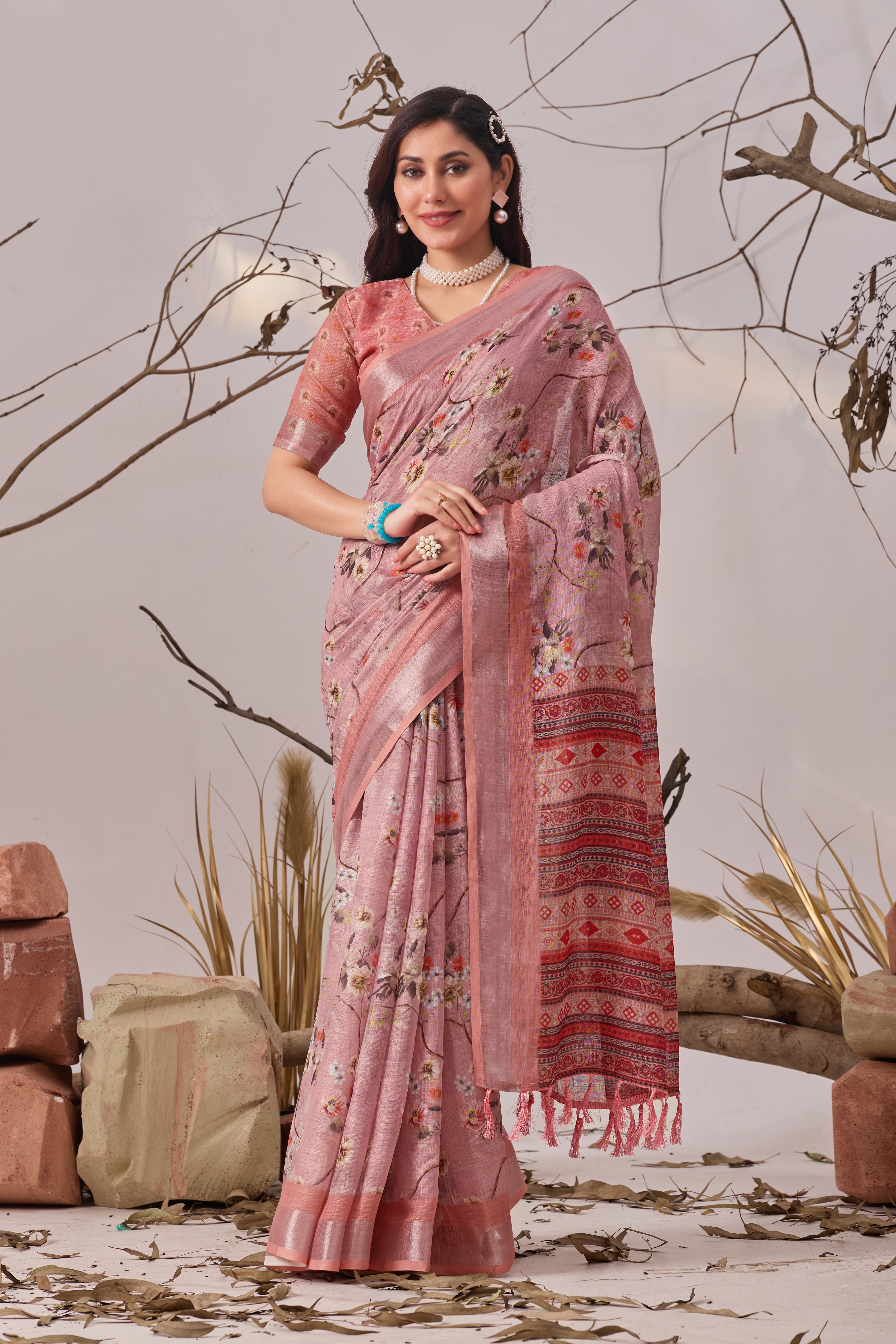 Premium Linen Cotton Saree with Graceful Digital Floral Print & Traditional Patola