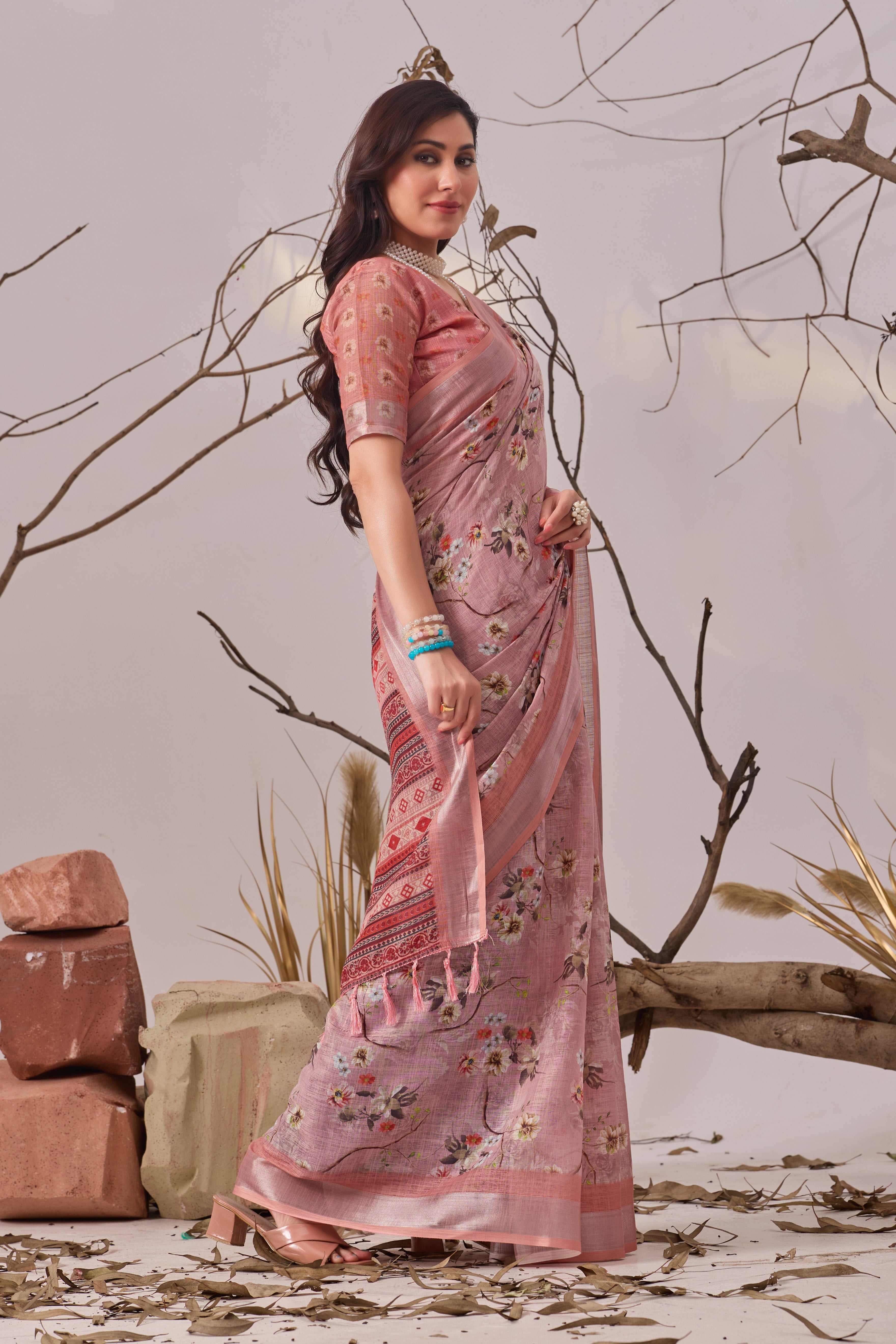 Premium Linen Cotton Saree with Graceful Digital Floral Print & Traditional Patola