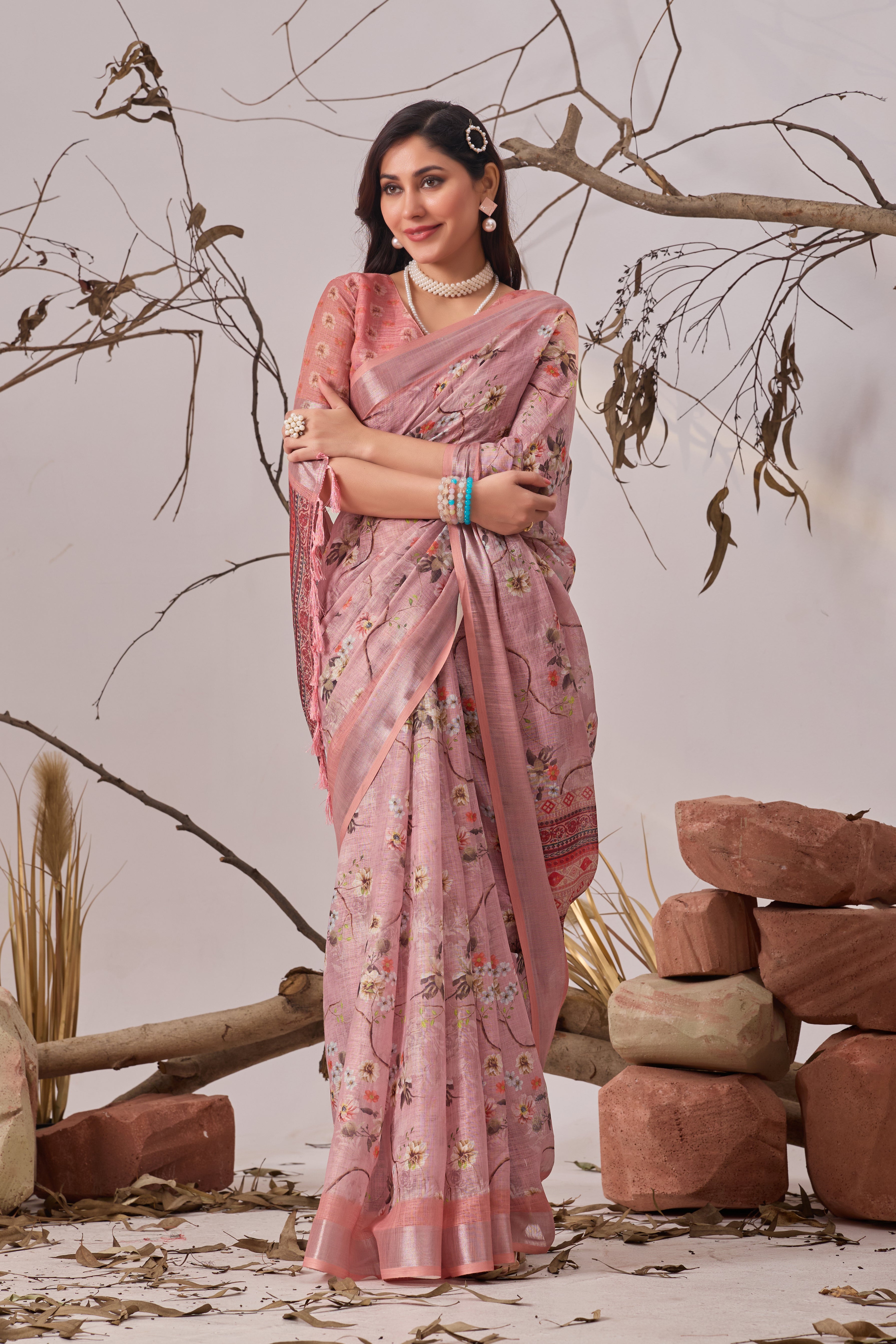 Premium Linen Cotton Saree with Graceful Digital Floral Print & Traditional Patola