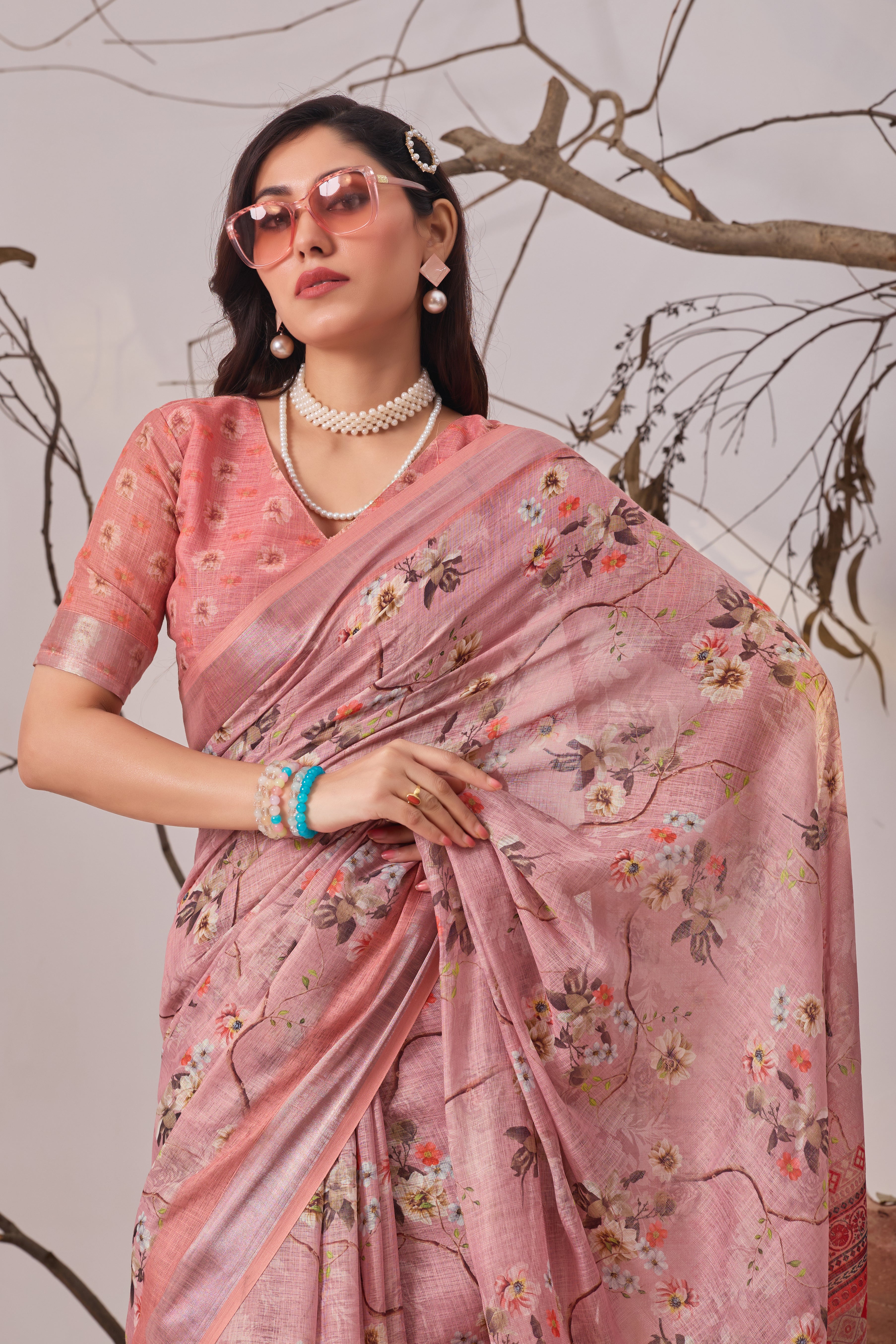 Premium Linen Cotton Saree with Graceful Digital Floral Print & Traditional Patola