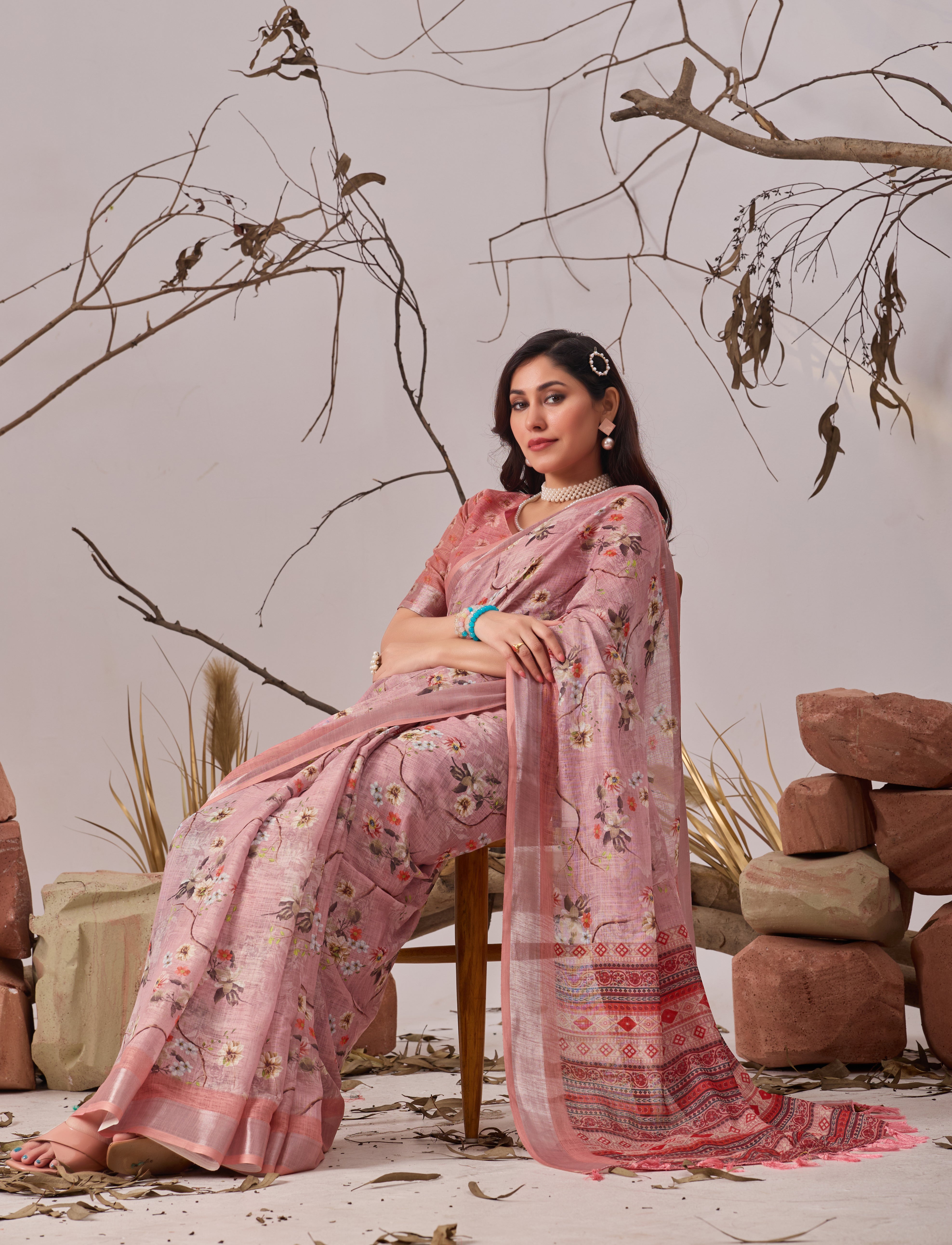 Premium Linen Cotton Saree with Graceful Digital Floral Print & Traditional Patola