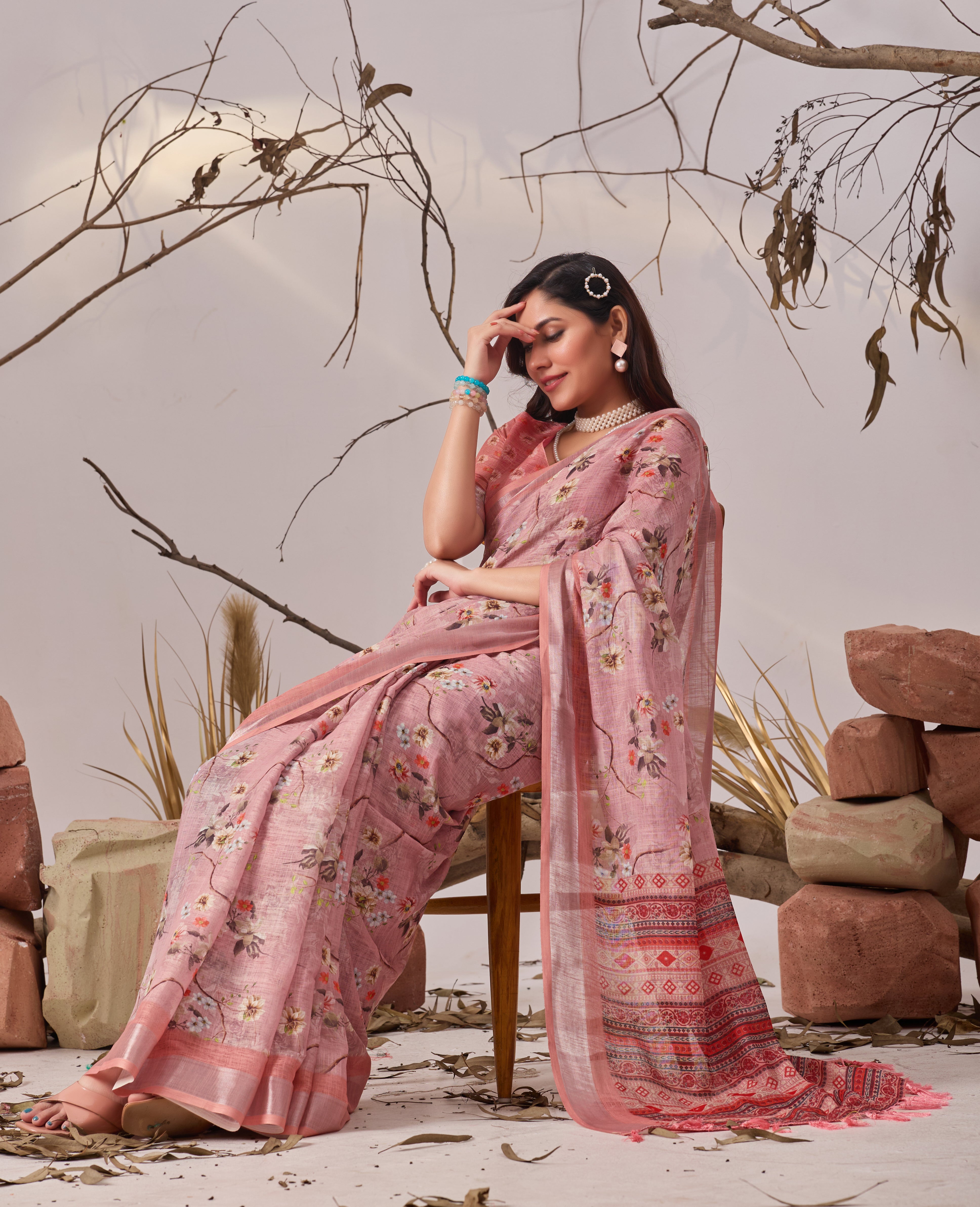 Premium Linen Cotton Saree with Graceful Digital Floral Print & Traditional Patola