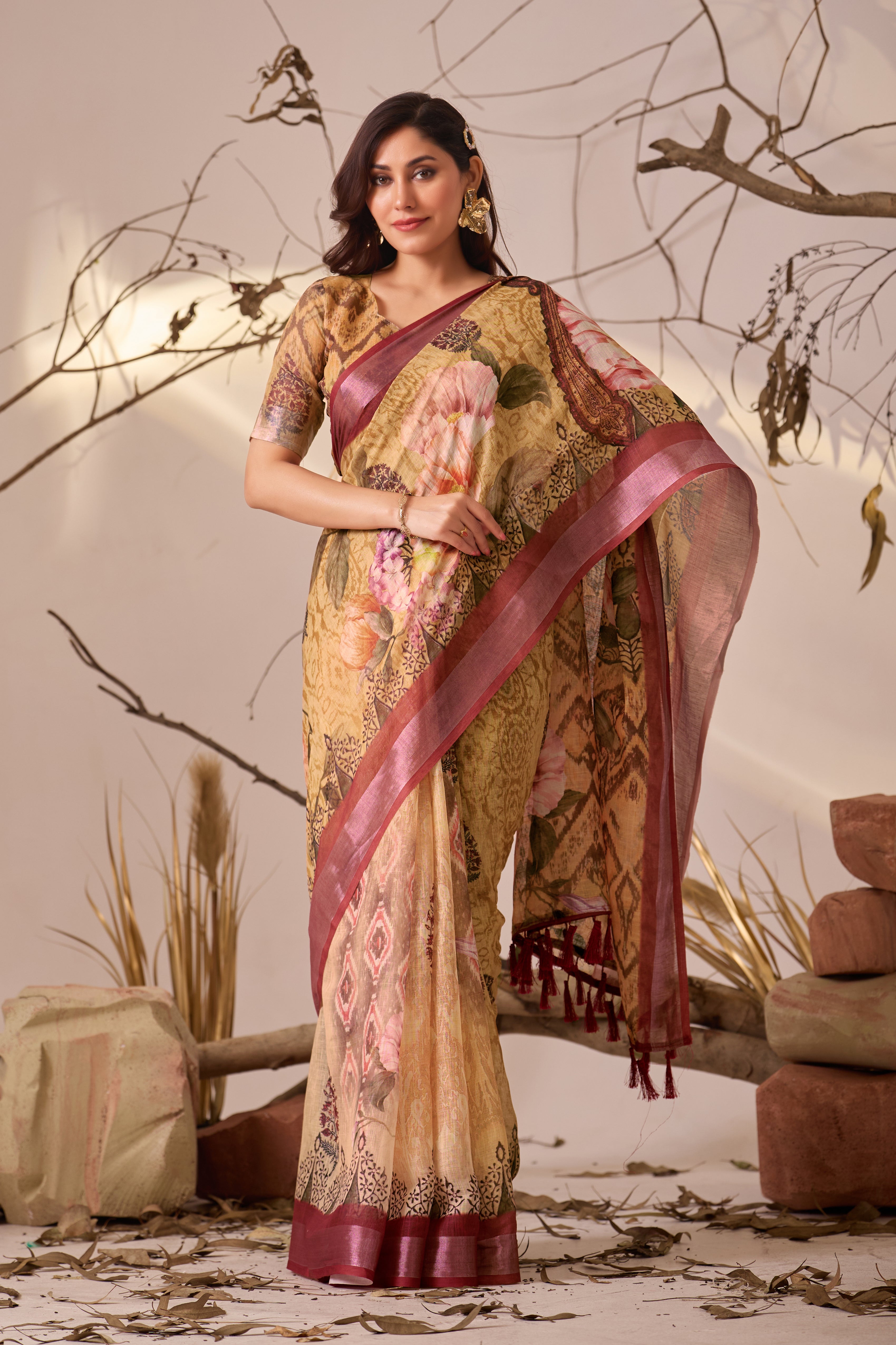 Premium Linen Cotton Saree with Elegant Digital Floral Print & Classic Patola Border