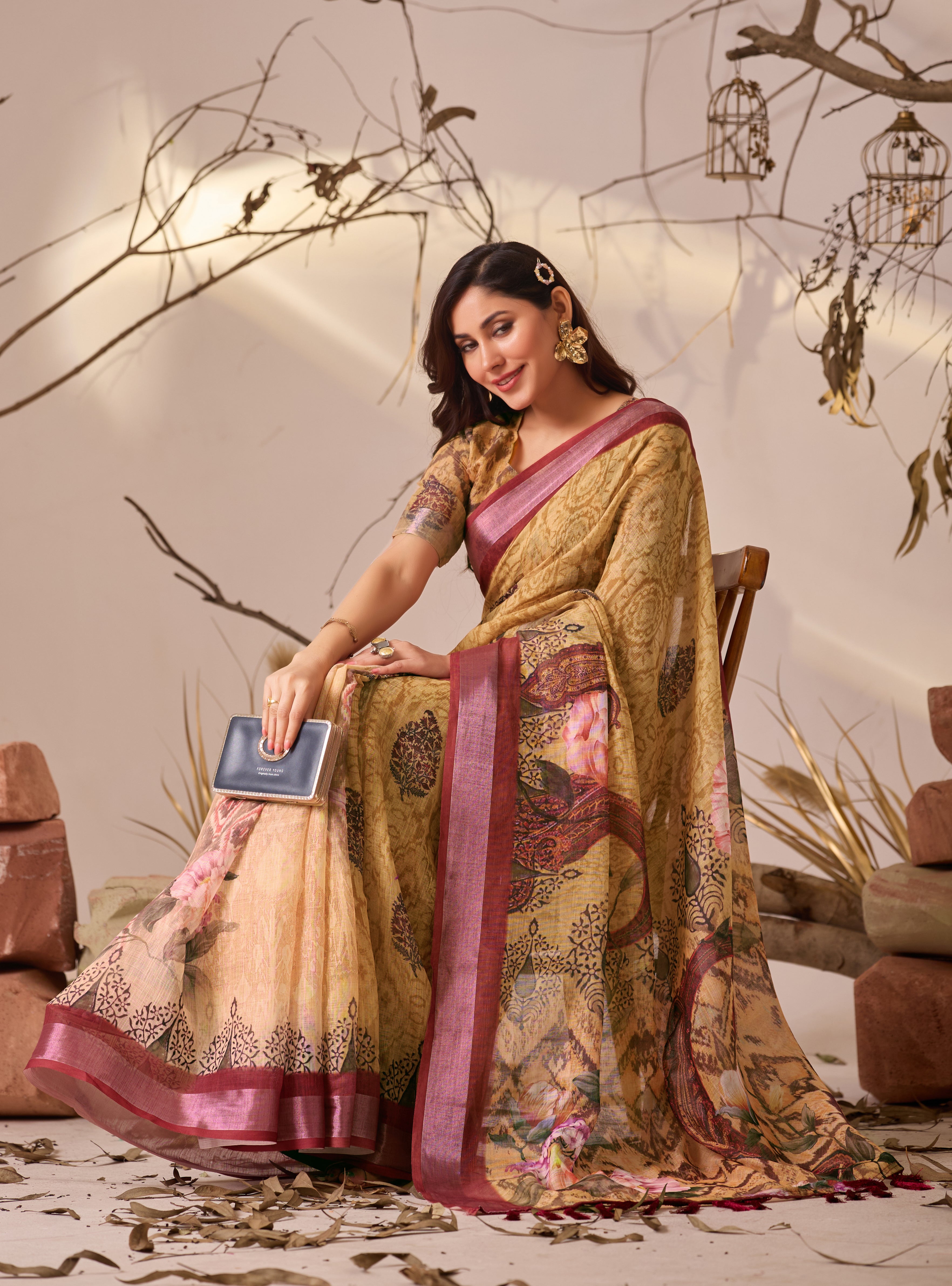 Premium Linen Cotton Saree with Elegant Digital Floral Print & Classic Patola Border