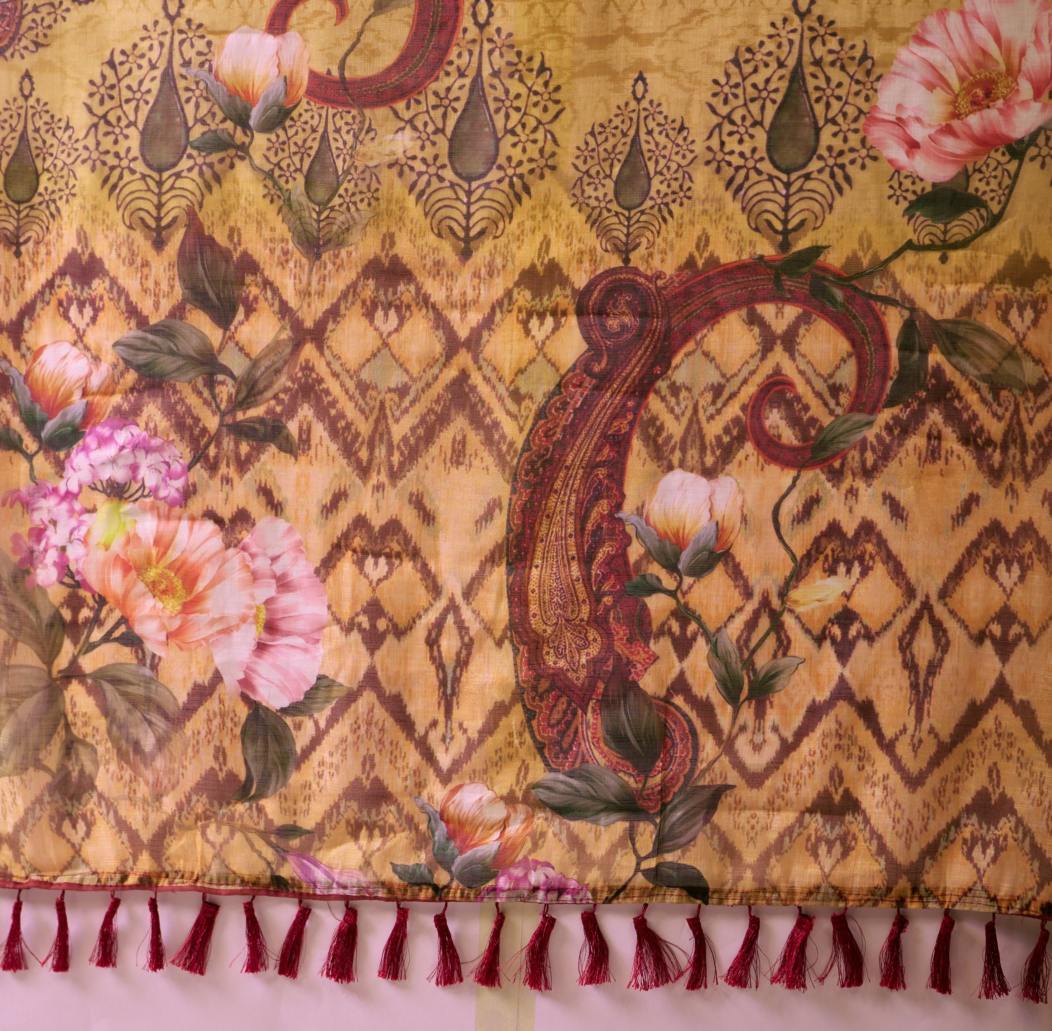 Premium Linen Cotton Saree with Elegant Digital Floral Print & Classic Patola Border