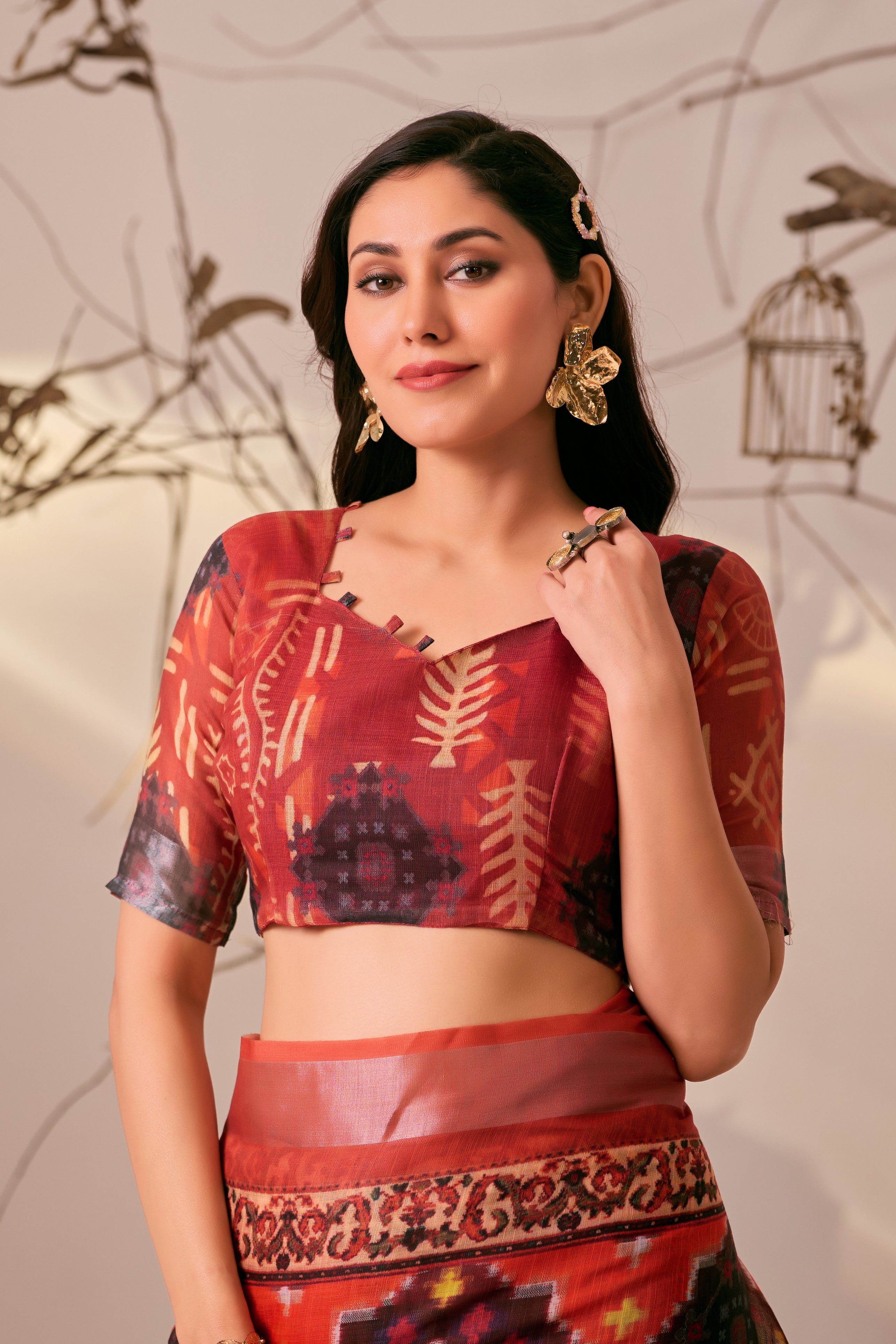 Premium Linen Cotton Saree with Rich Ikat Digital Print & Elegant Patola Style