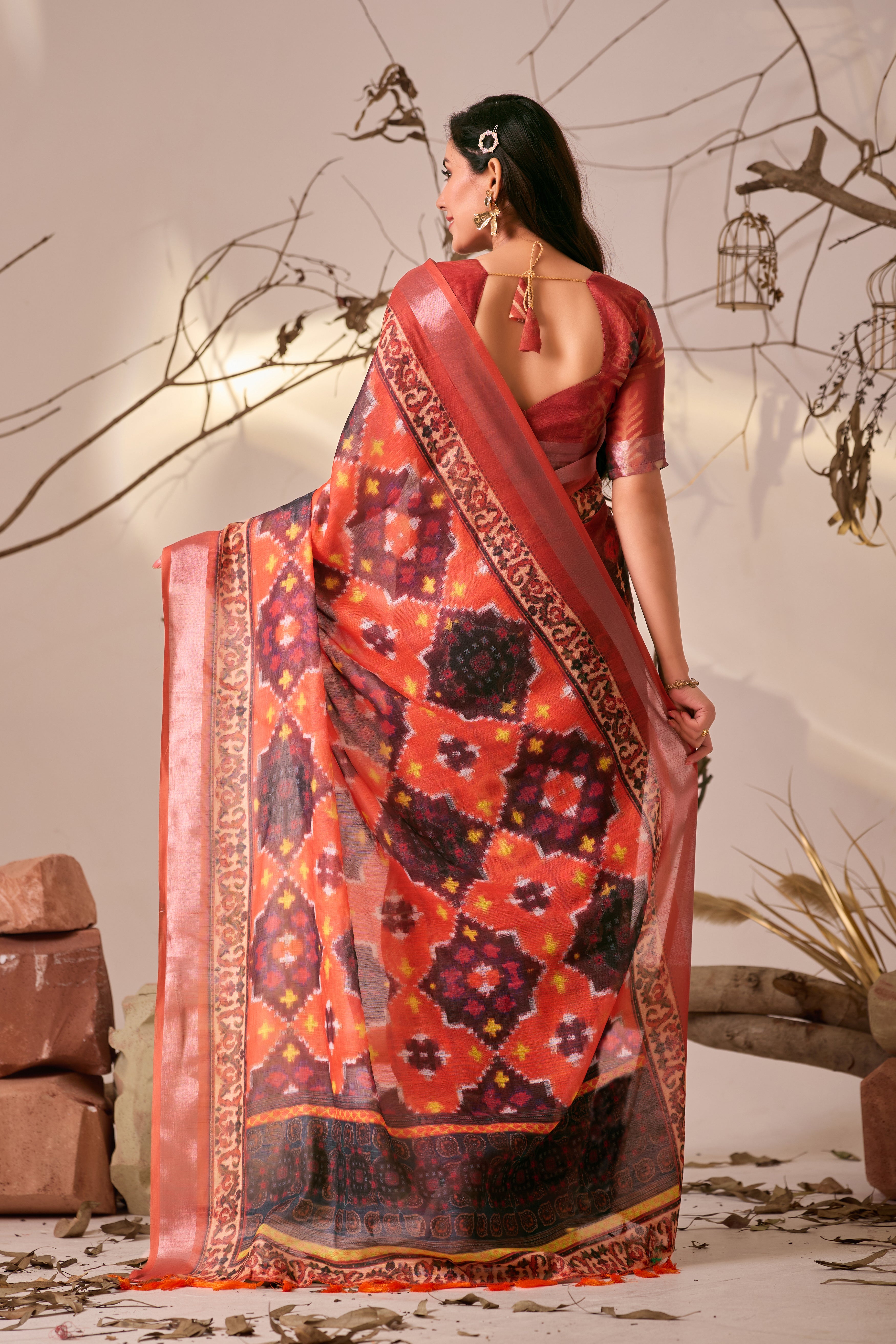 Premium Linen Cotton Saree with Rich Ikat Digital Print & Elegant Patola Style