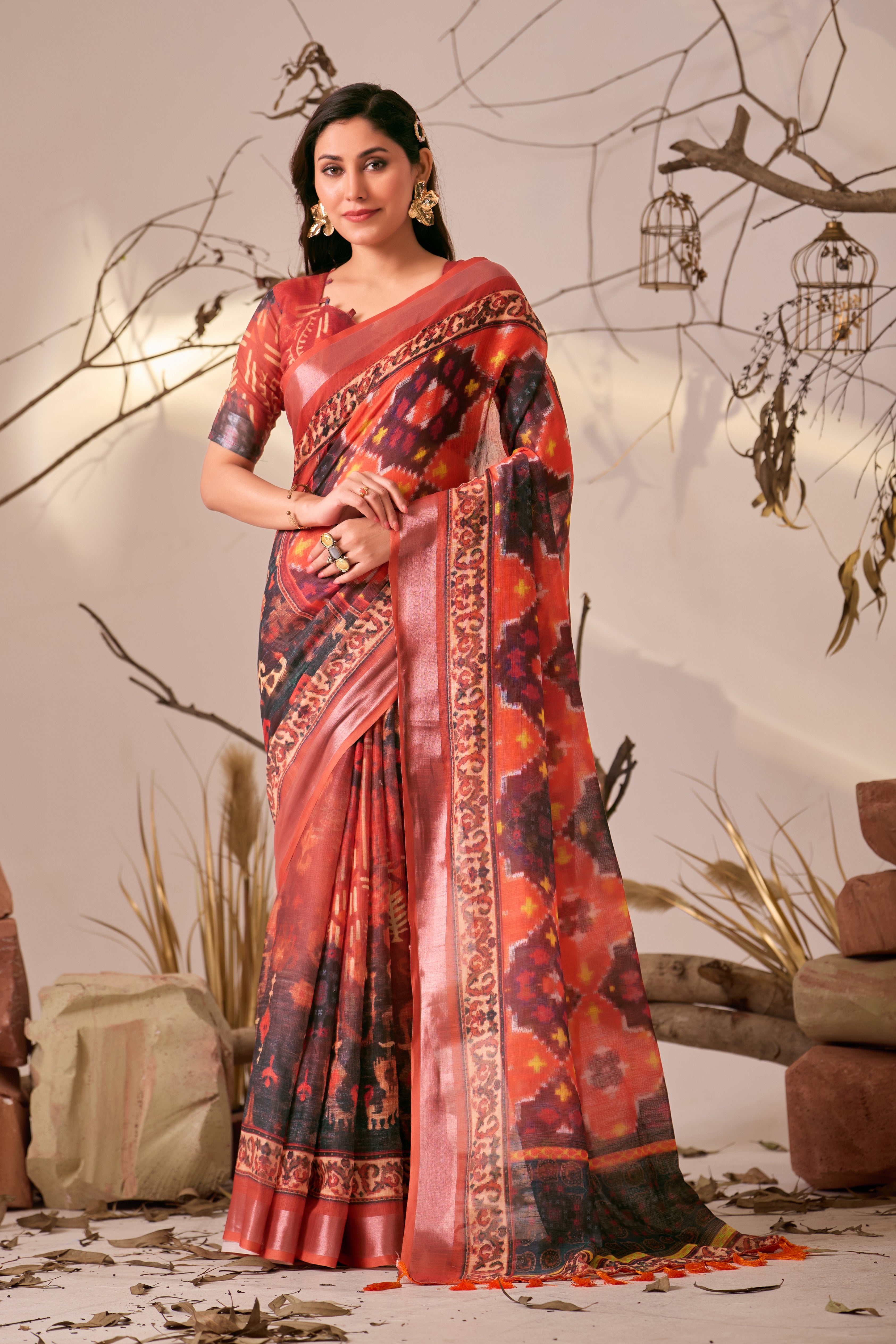 Premium Linen Cotton Saree with Rich Ikat Digital Print & Elegant Patola Style