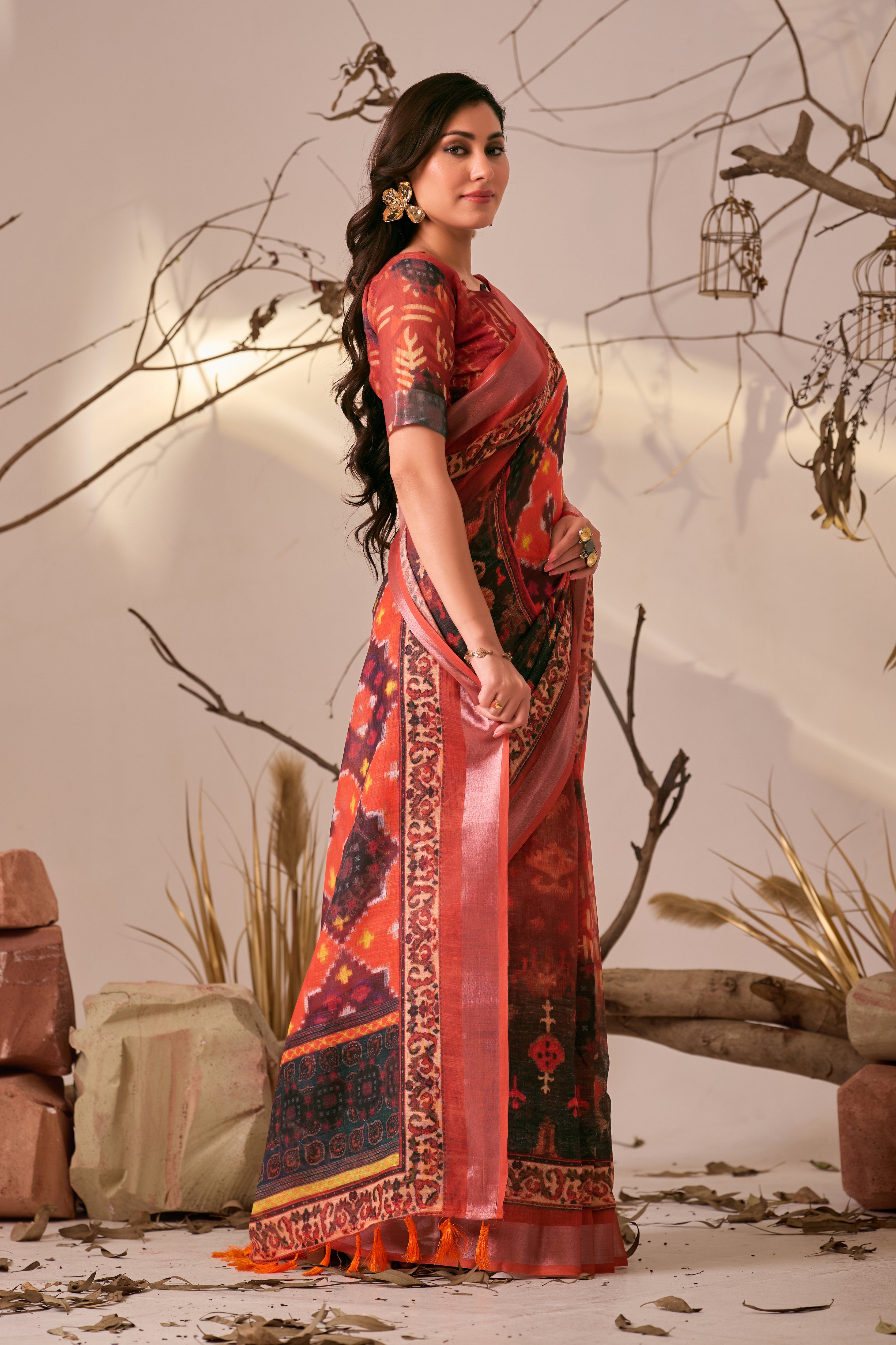 Premium Linen Cotton Saree with Rich Ikat Digital Print & Elegant Patola Style