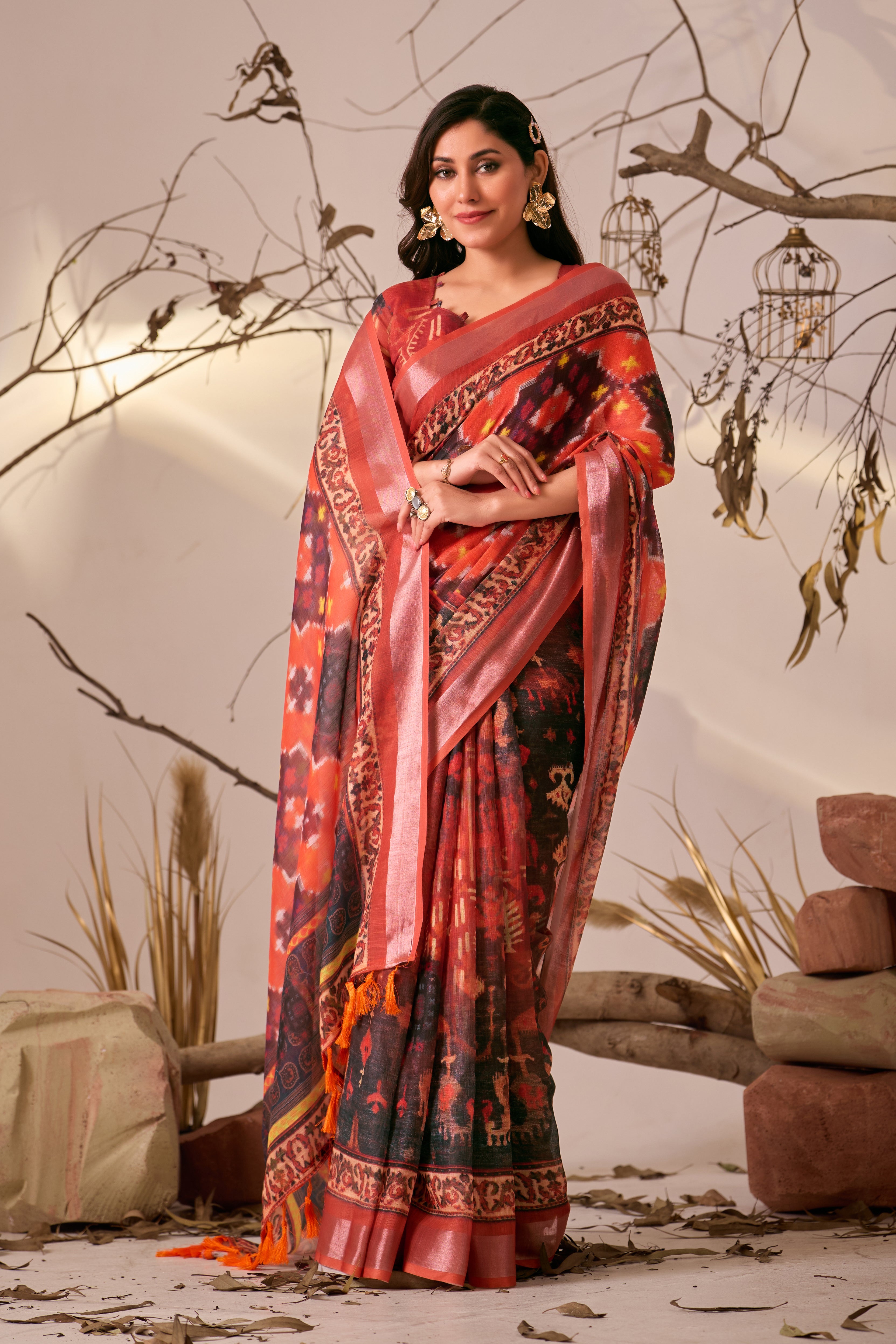 Premium Linen Cotton Saree with Rich Ikat Digital Print & Elegant Patola Style