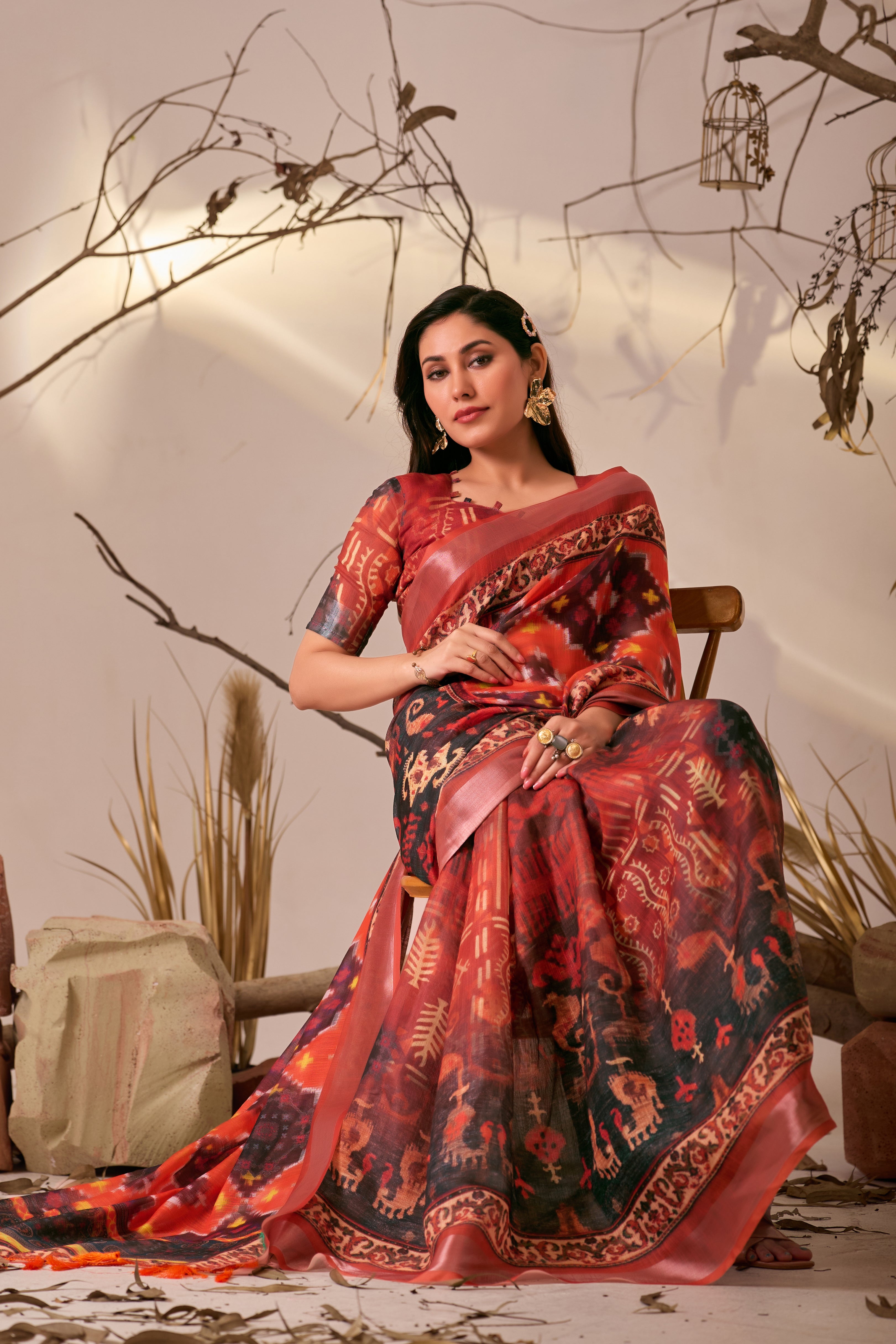 Premium Linen Cotton Saree with Rich Ikat Digital Print & Elegant Patola Style