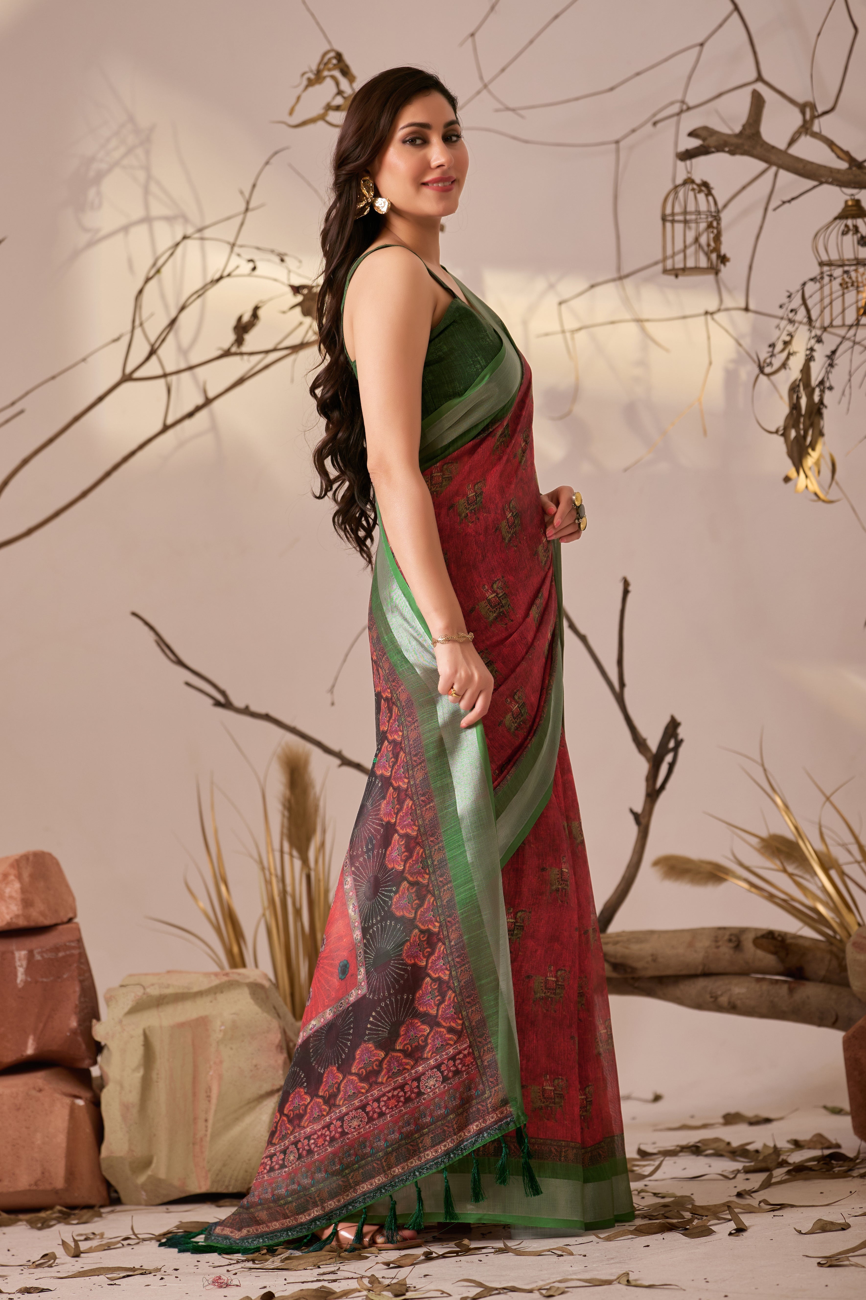 Premium Linen Cotton Saree with Traditional Digital Weaving Print