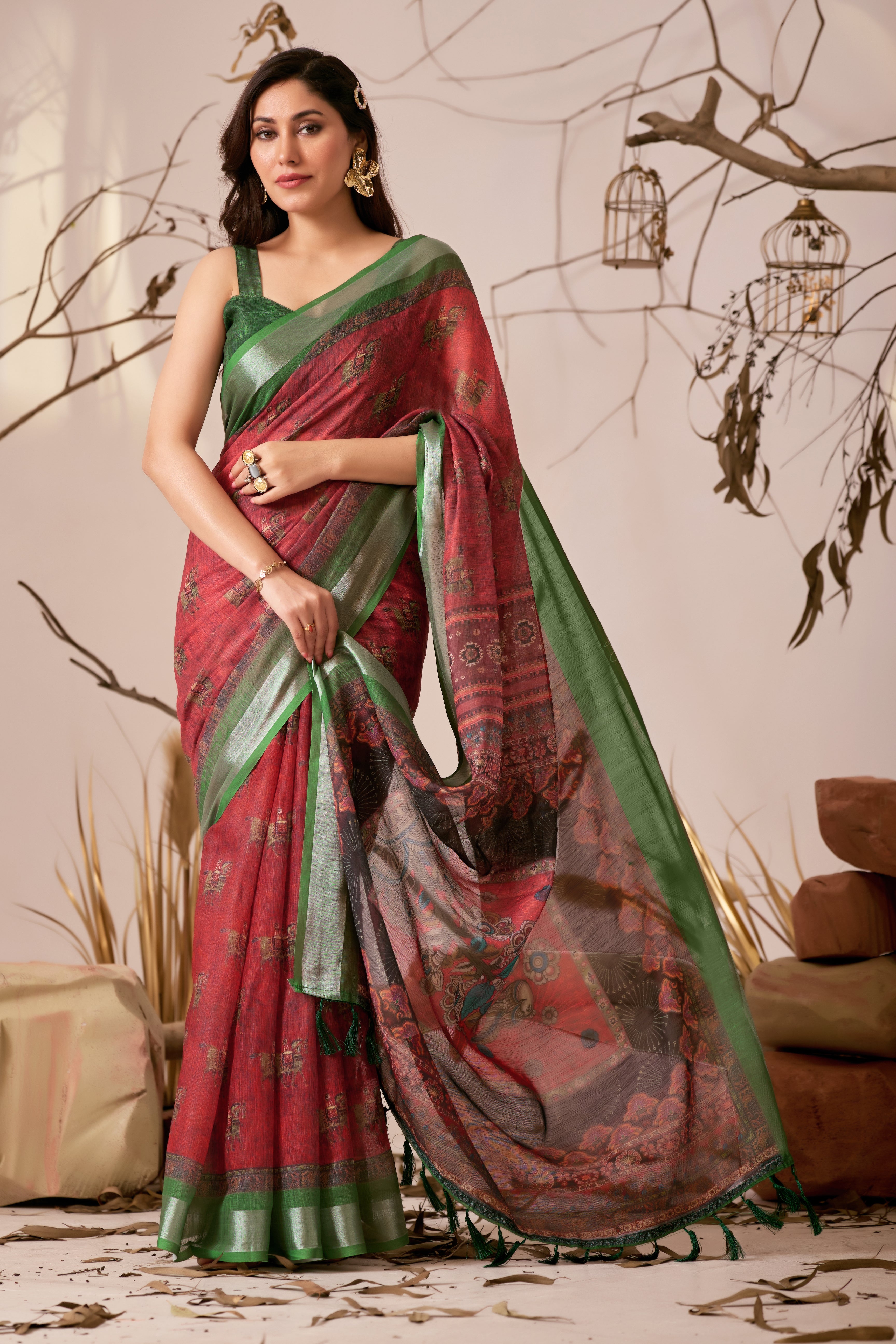 Premium Linen Cotton Saree with Traditional Digital Weaving Print