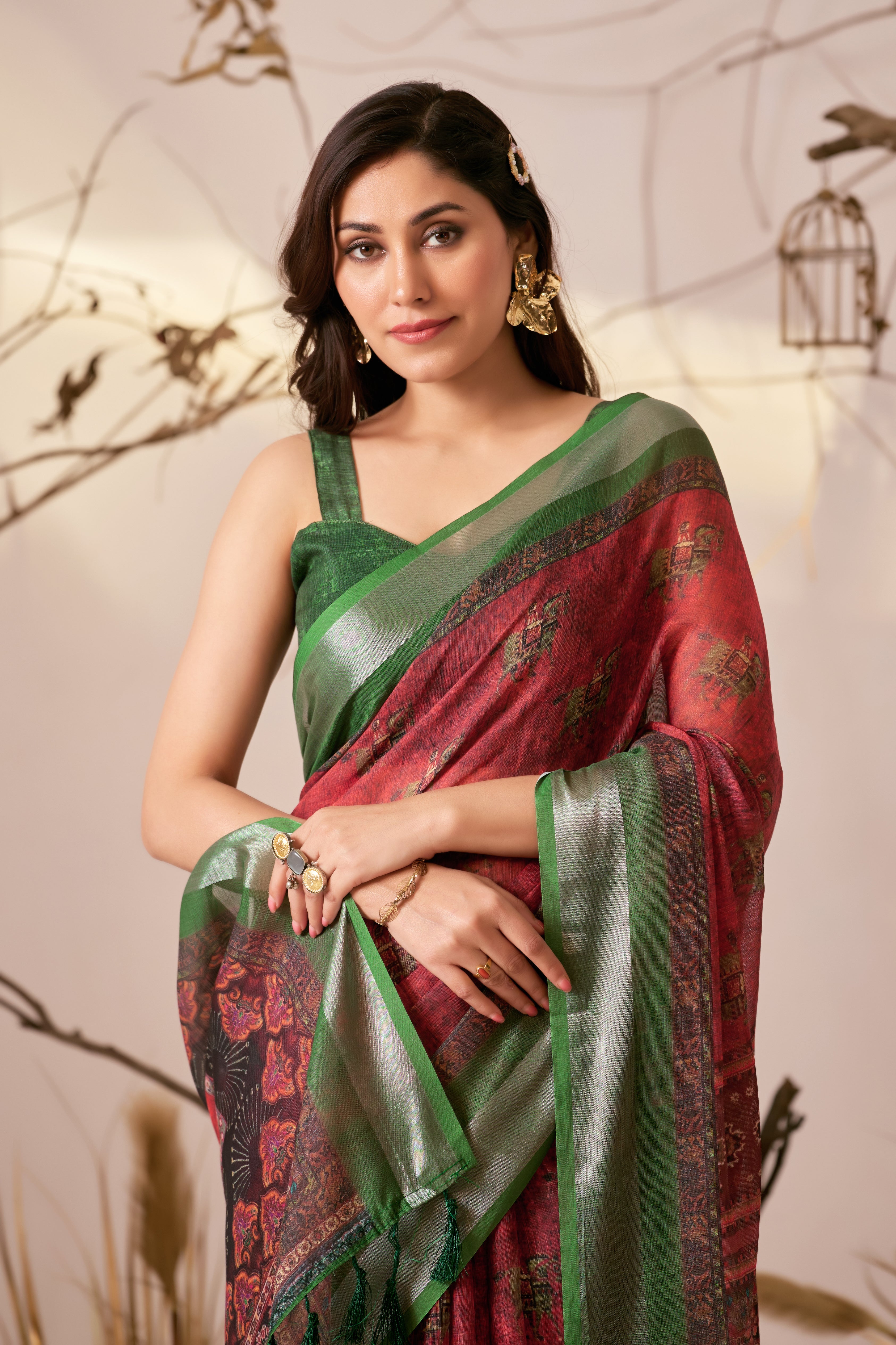 Premium Linen Cotton Saree with Traditional Digital Weaving Print