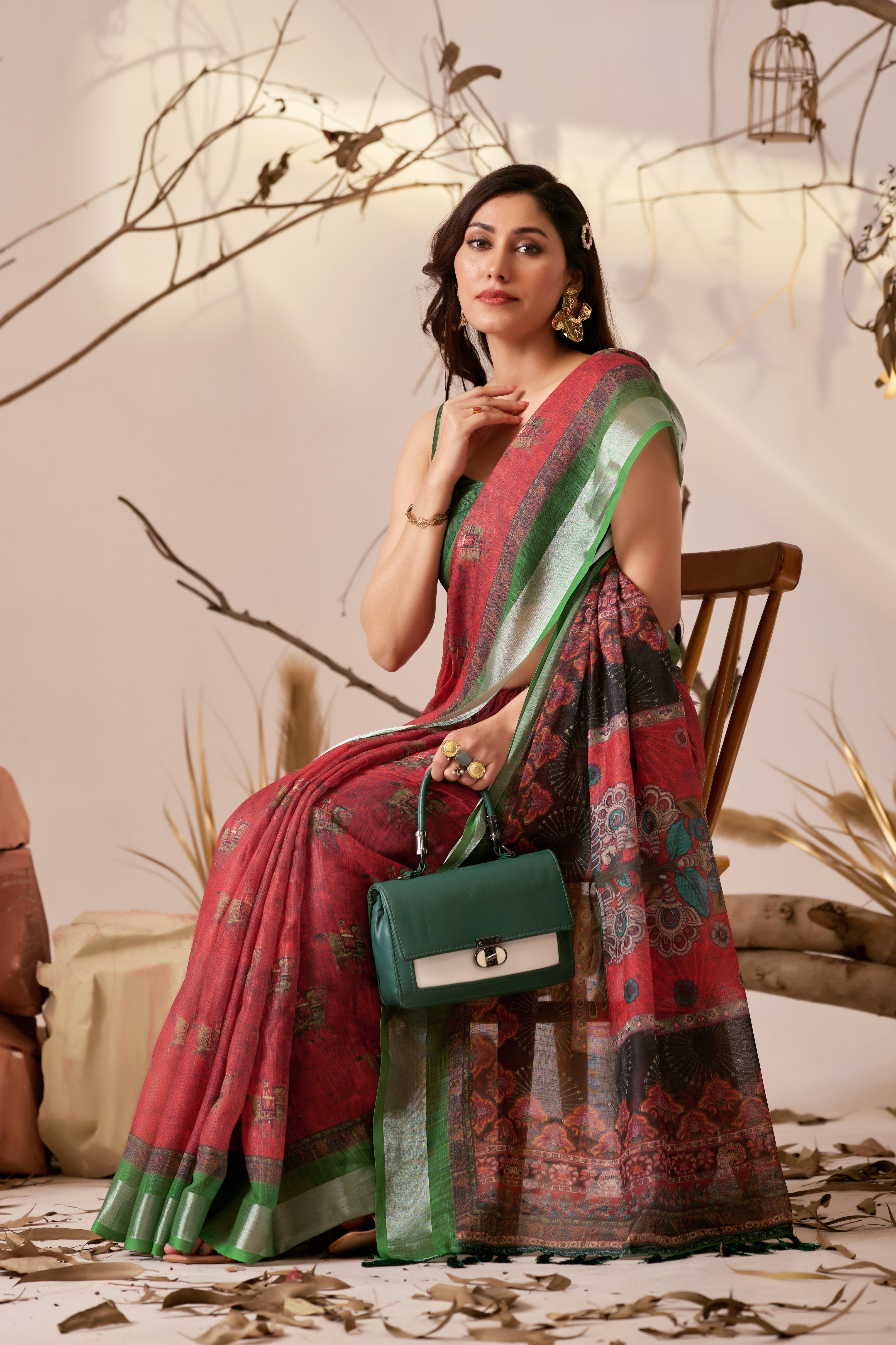 Premium Linen Cotton Saree with Traditional Digital Weaving Print