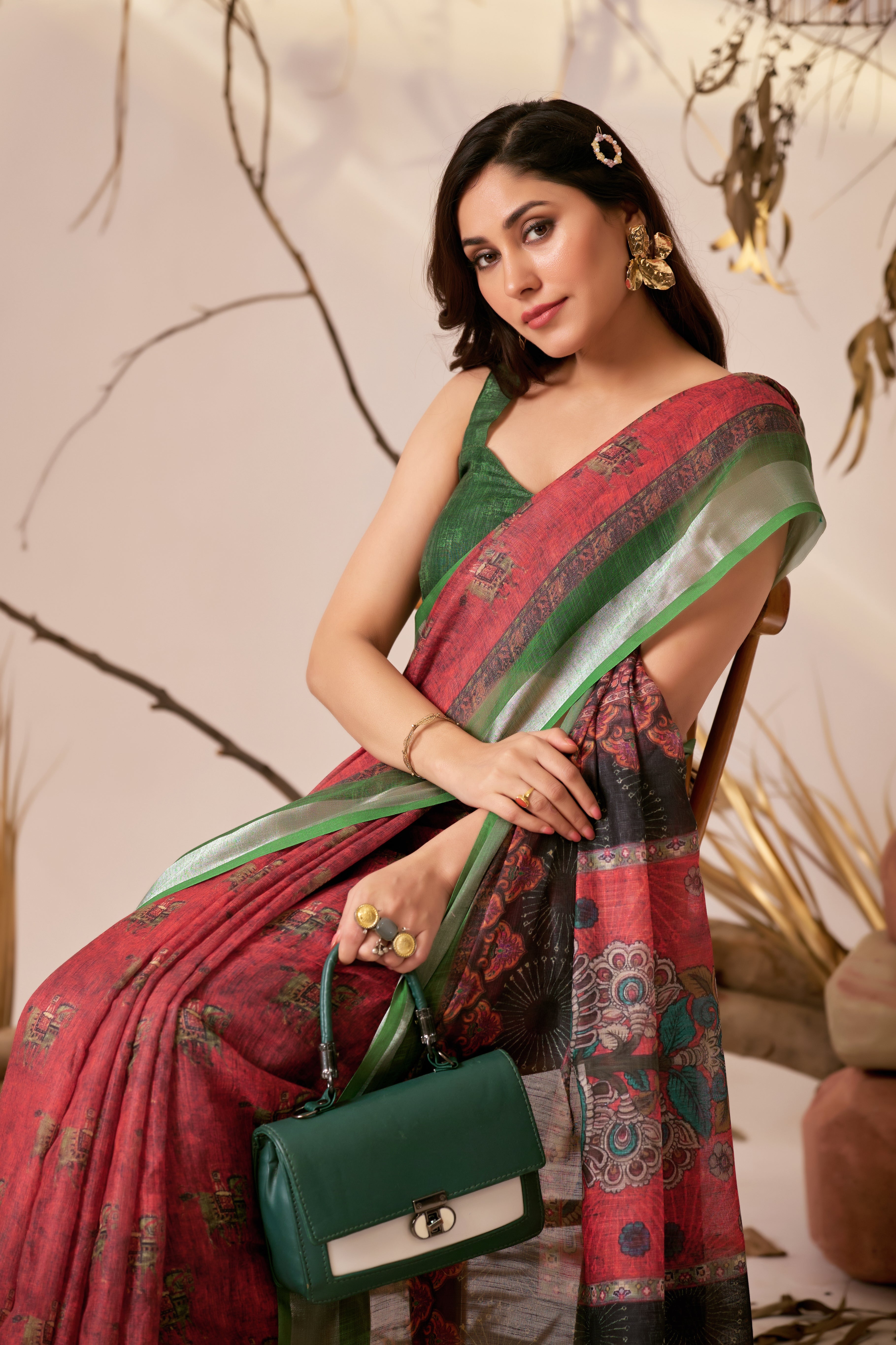 Premium Linen Cotton Saree with Traditional Digital Weaving Print