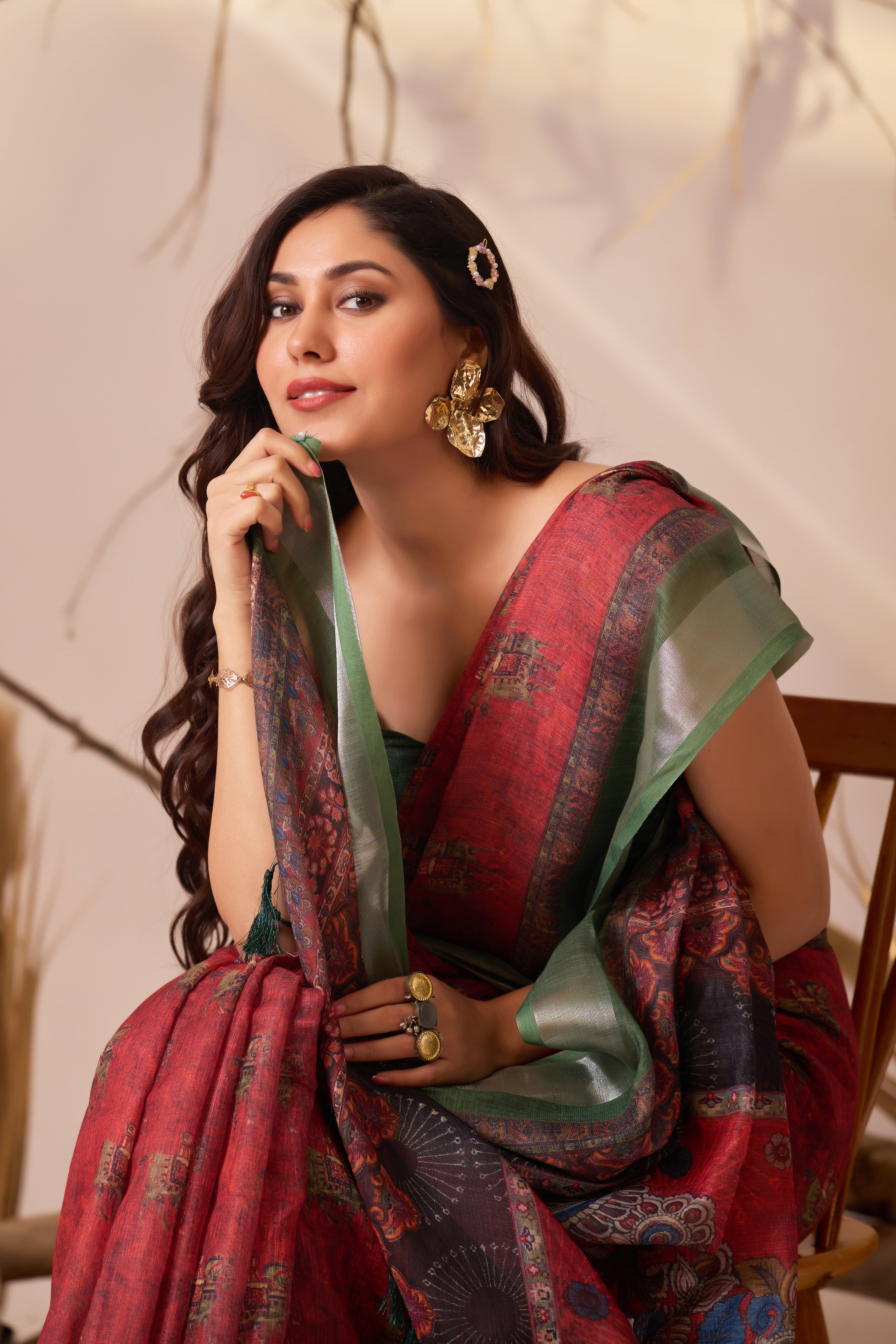 Premium Linen Cotton Saree with Traditional Digital Weaving Print