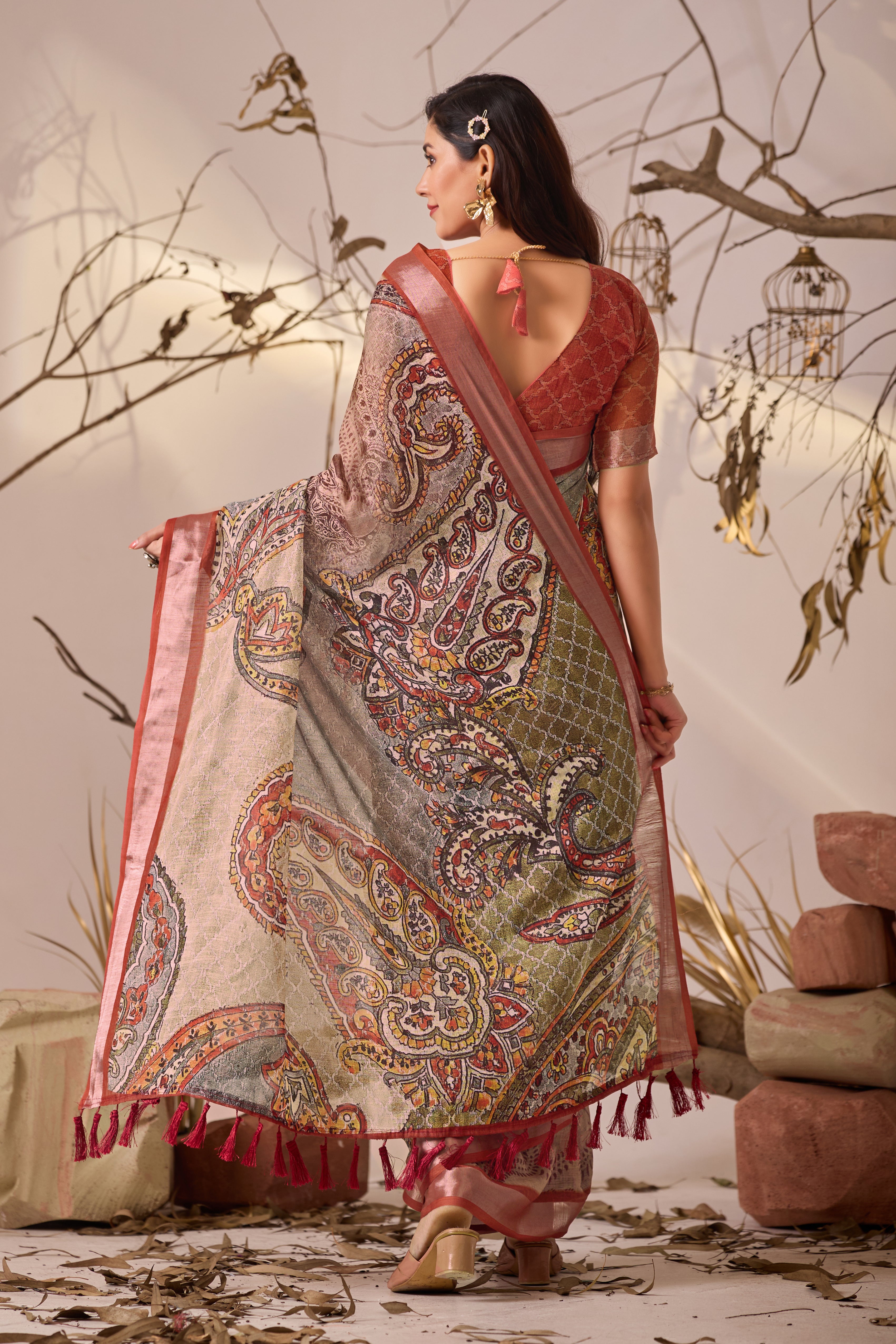 Premium Linen Cotton Saree with Elegant Digital Paisley Print