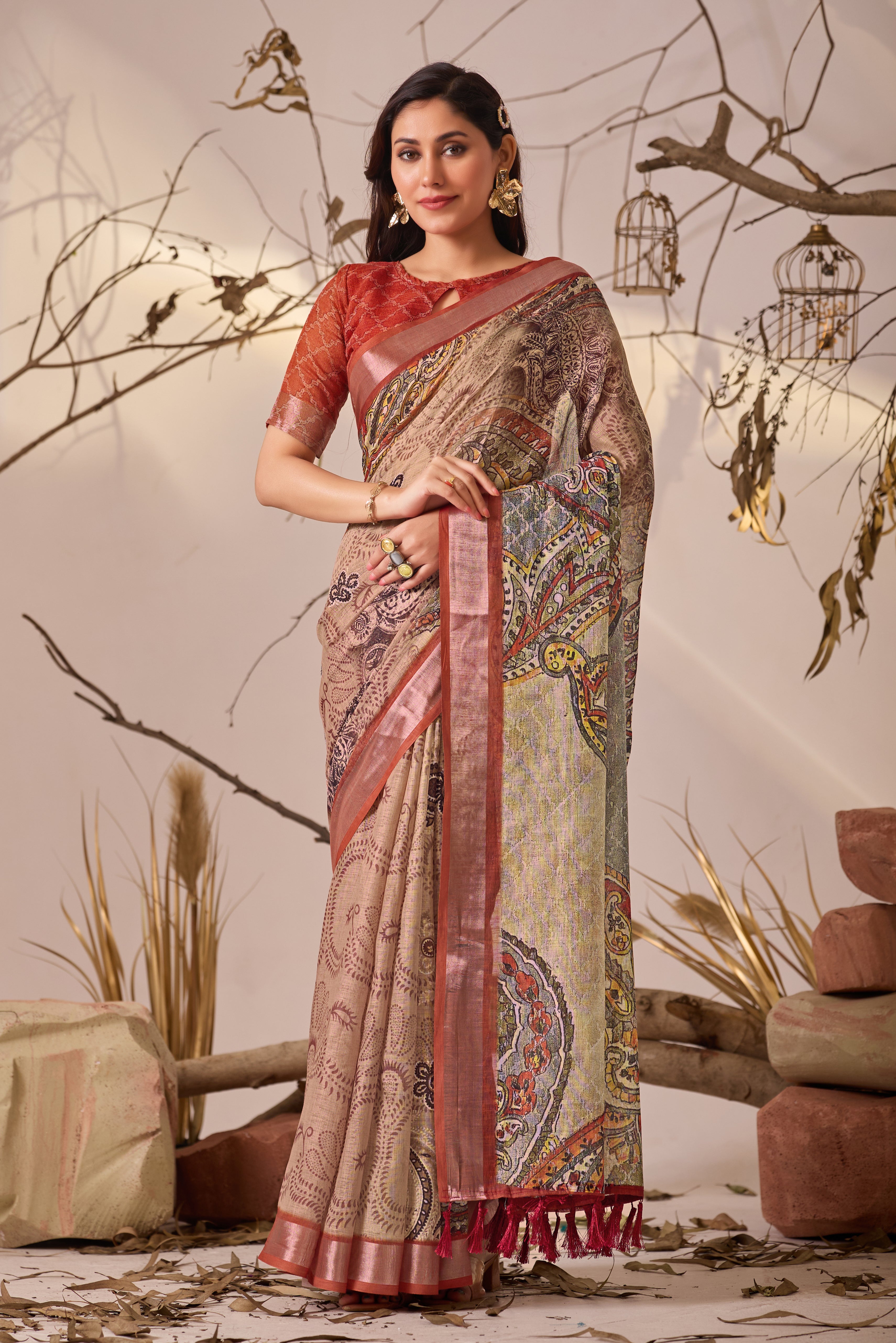 Premium Linen Cotton Saree with Elegant Digital Paisley Print