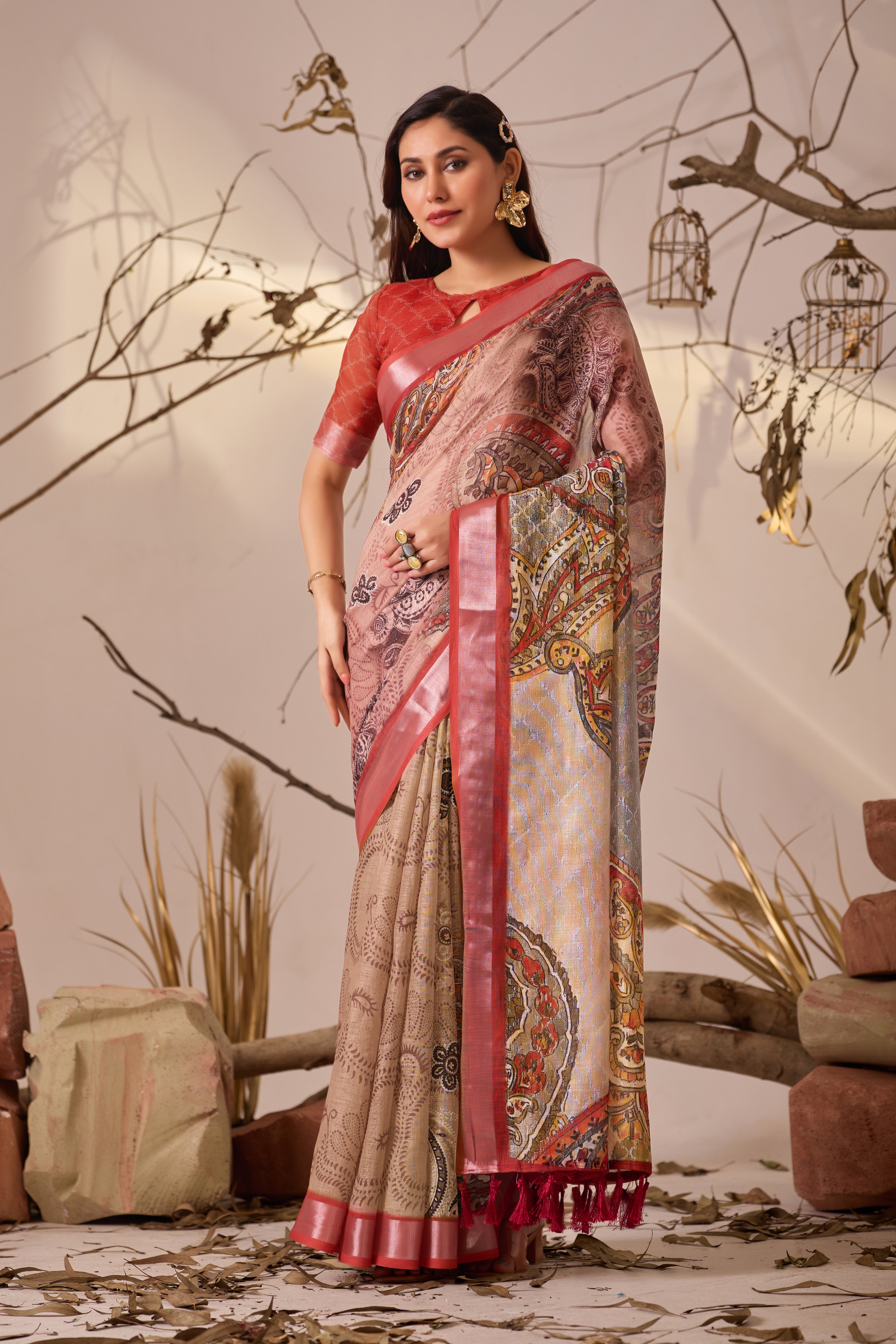 Premium Linen Cotton Saree with Elegant Digital Paisley Print
