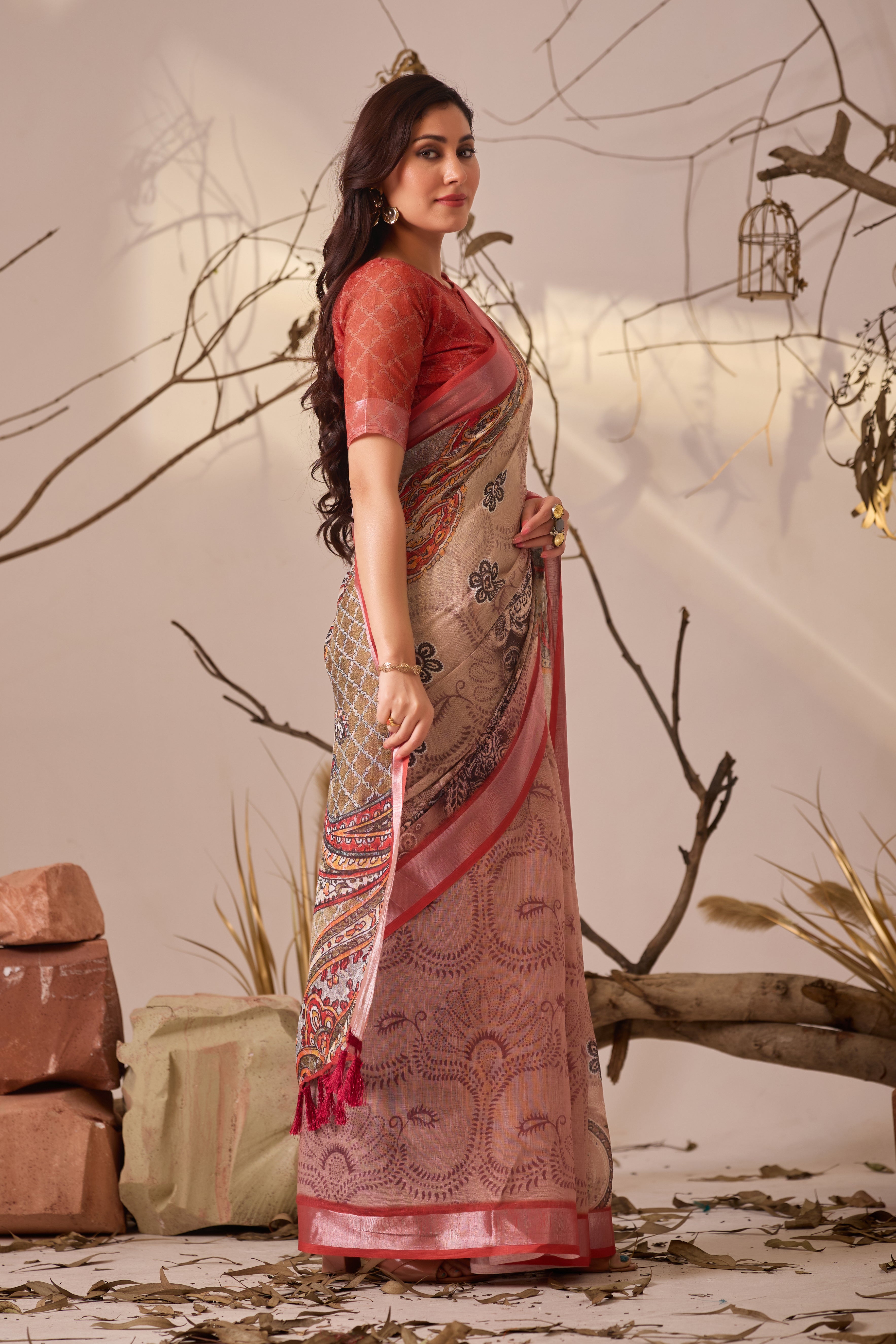 Premium Linen Cotton Saree with Elegant Digital Paisley Print